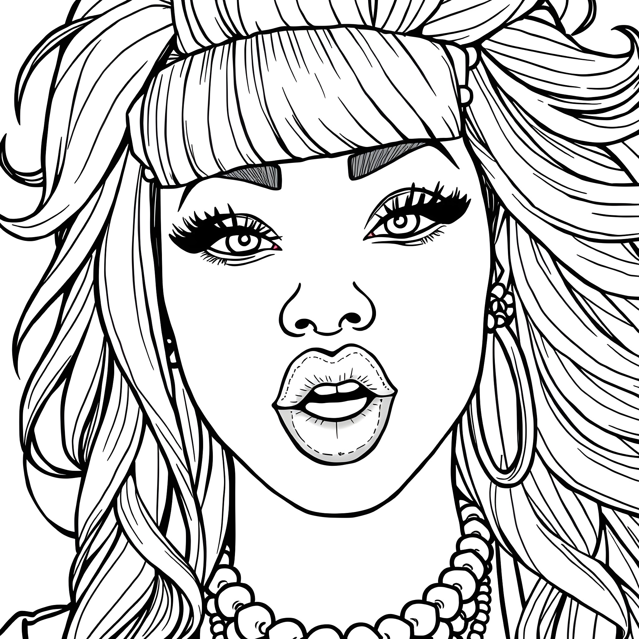 Nicki Minaj's Captivating Headshot Coloring Page (free black-and-white line drawing printable PDF for all, from beginners to advanced learners, including children, teens, adults, and seniors)