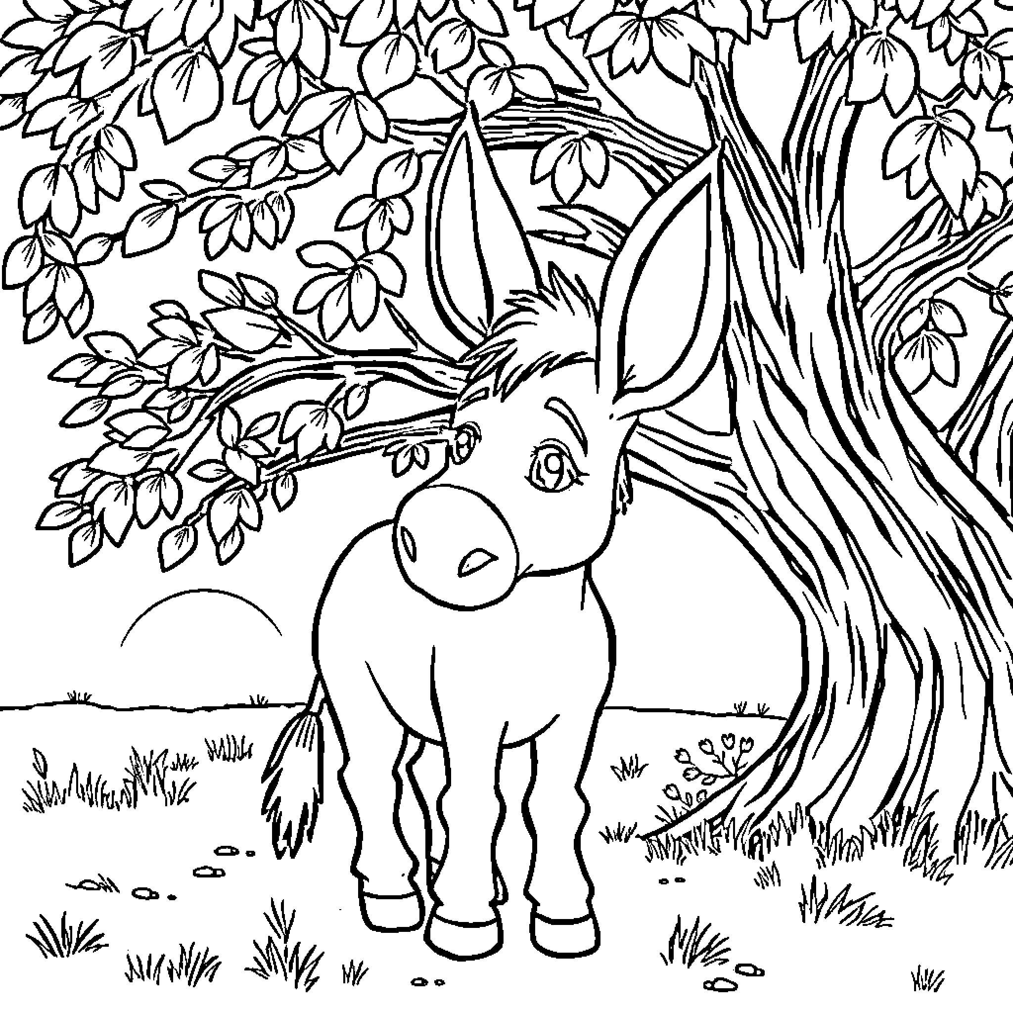 Eeyore lounging peacefully under the tree Coloring Page (free black-and-white line drawing printable PDF for all, from beginners to advanced learners, including children, teens, adults, and seniors)