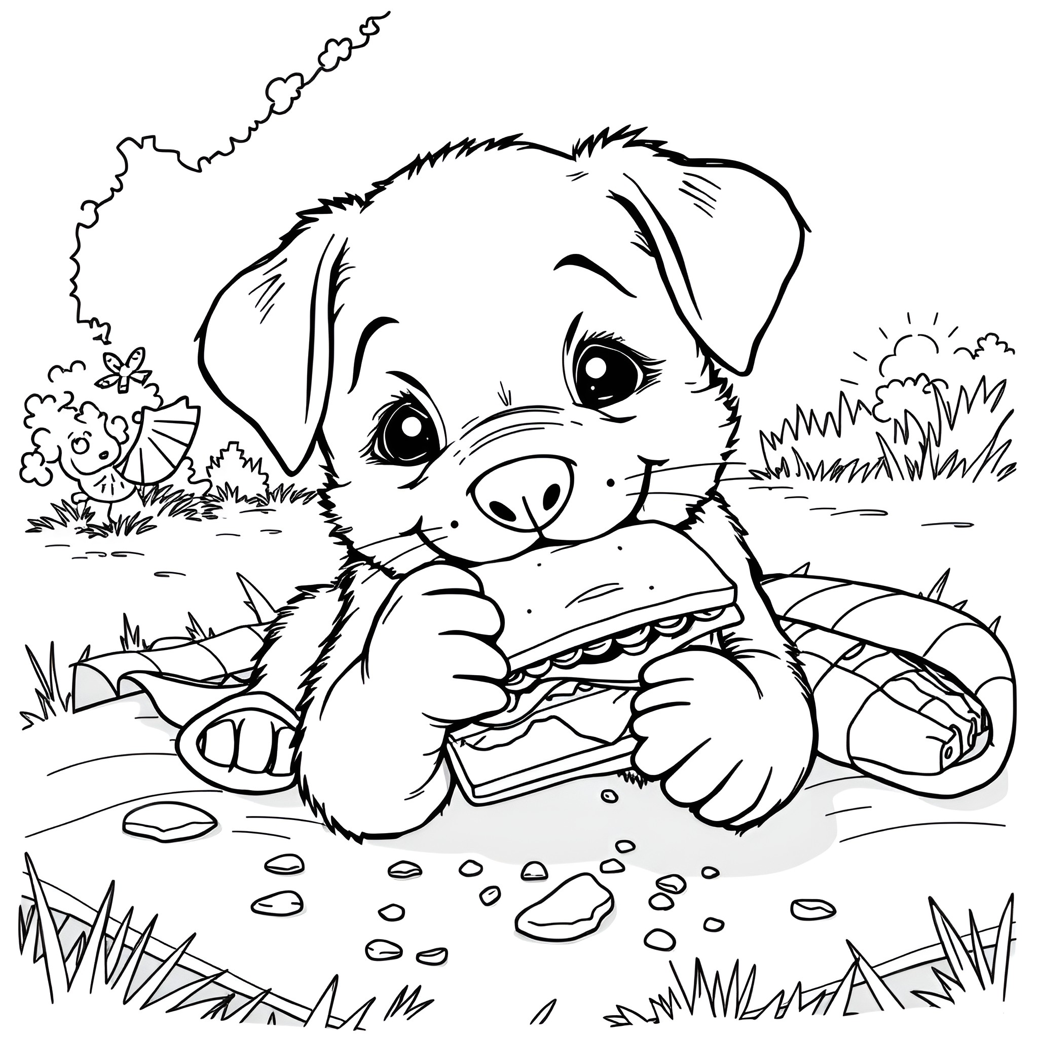 Puppy playing happily in the grass Coloring Page (free black-and-white line drawing printable PDF for all, from beginners to advanced learners, including children, teens, adults, and seniors)