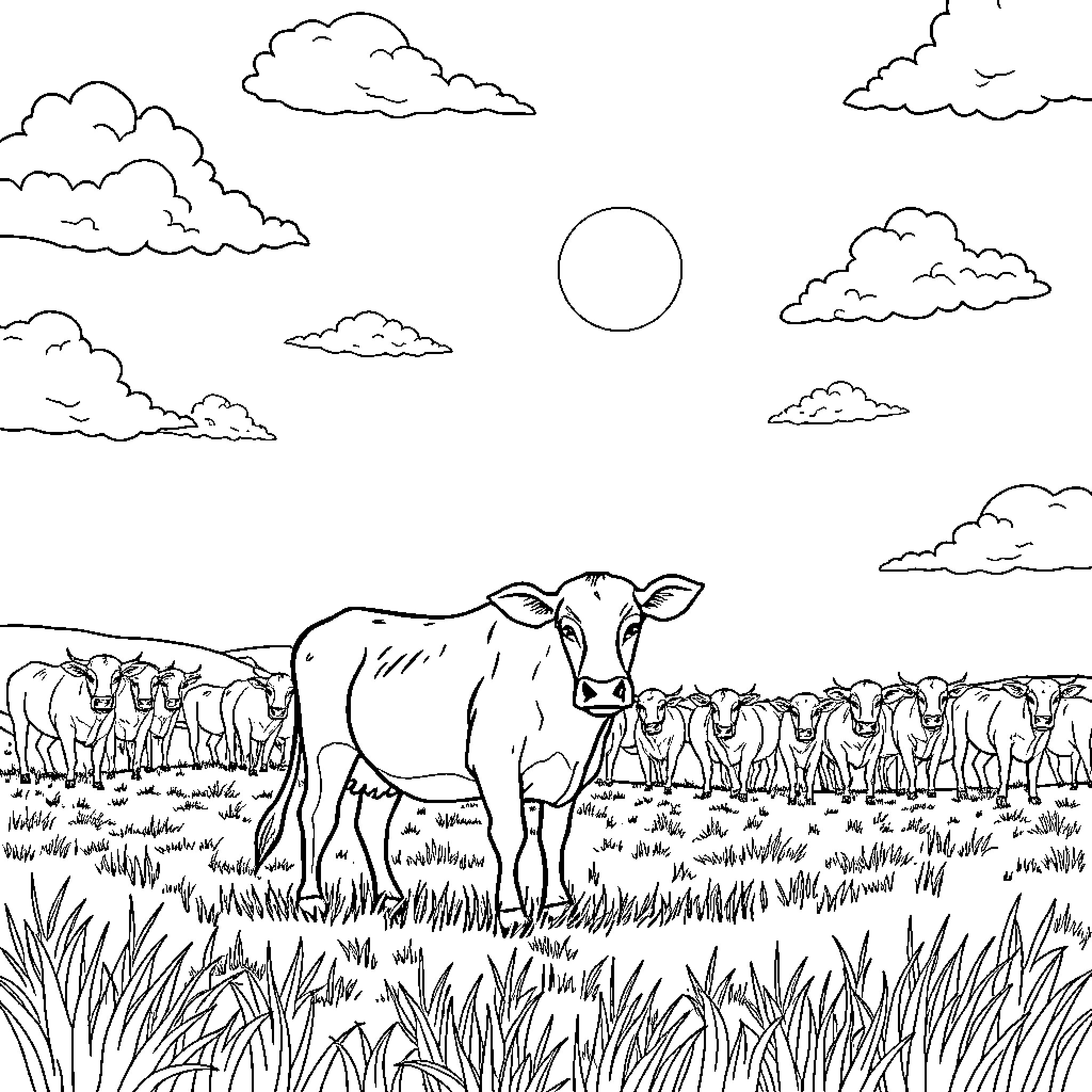 Cow standing with herd in pastoral field Coloring Page (free black-and-white line drawing printable PDF for all, from beginners to advanced learners, including children, teens, adults, and seniors)