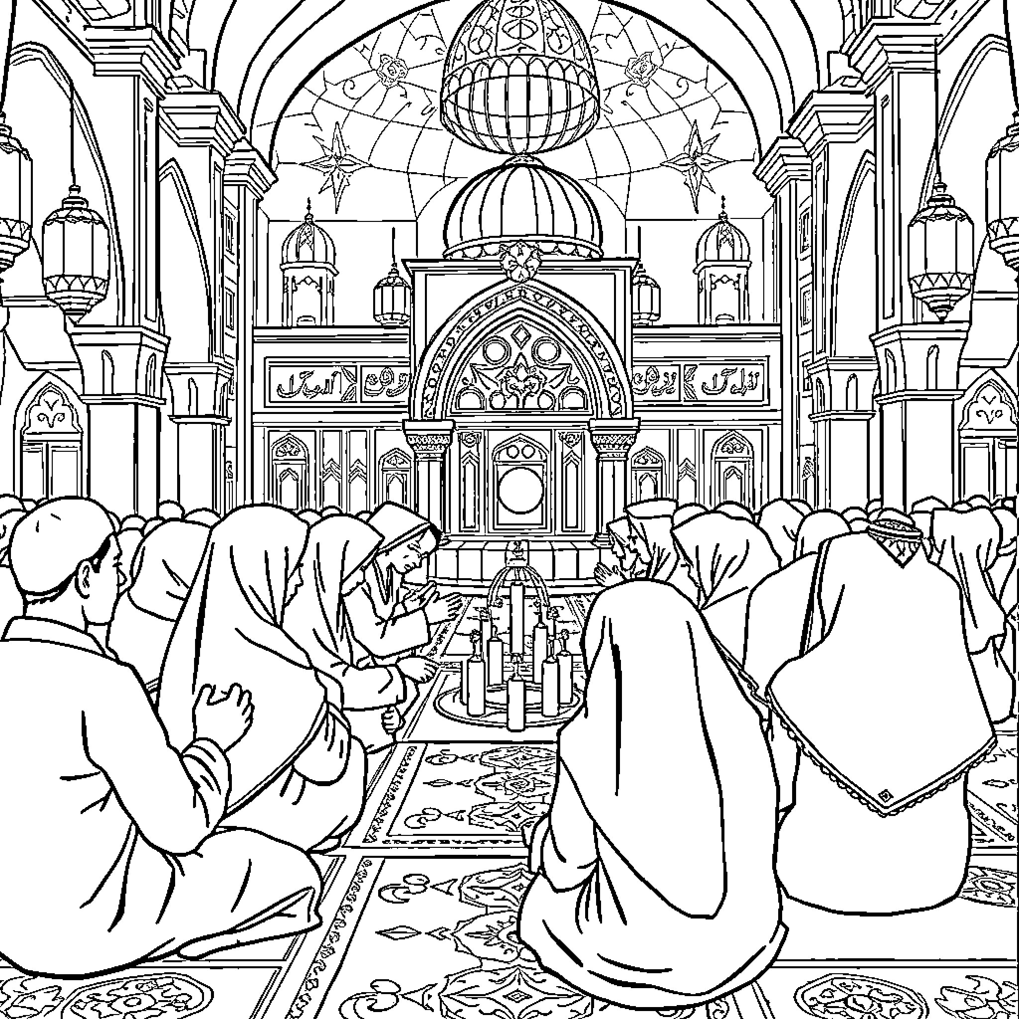 Prayer in a Majestic Islamic Mosque Coloring Page (free black-and-white line drawing printable PDF for all, from beginners to advanced learners, including children, teens, adults, and seniors)