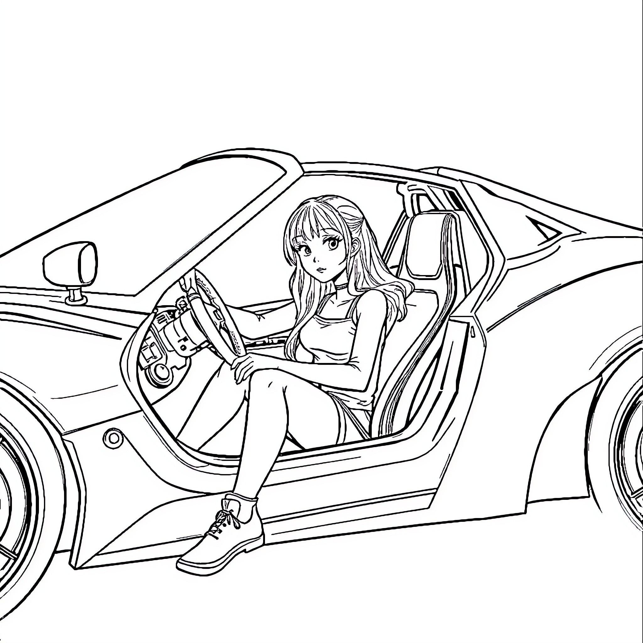 Girl driving a futuristic sports car Coloring Page (free black-and-white line drawing printable PDF for all, from beginners to advanced learners, including children, teens, adults, and seniors)