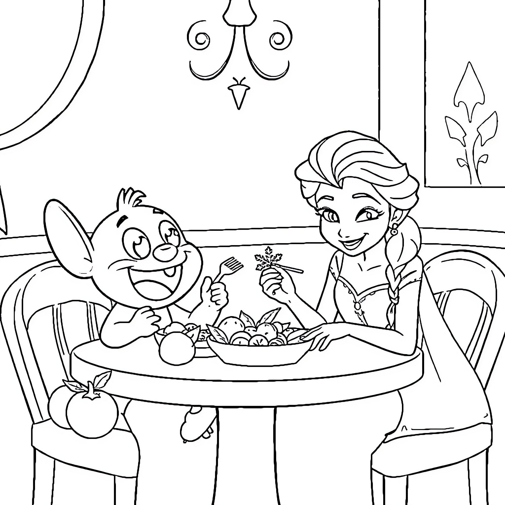 Bluey and friend sharing a meal together Coloring Page (free black-and-white line drawing printable PDF for all, from beginners to advanced learners, including children, teens, adults, and seniors)