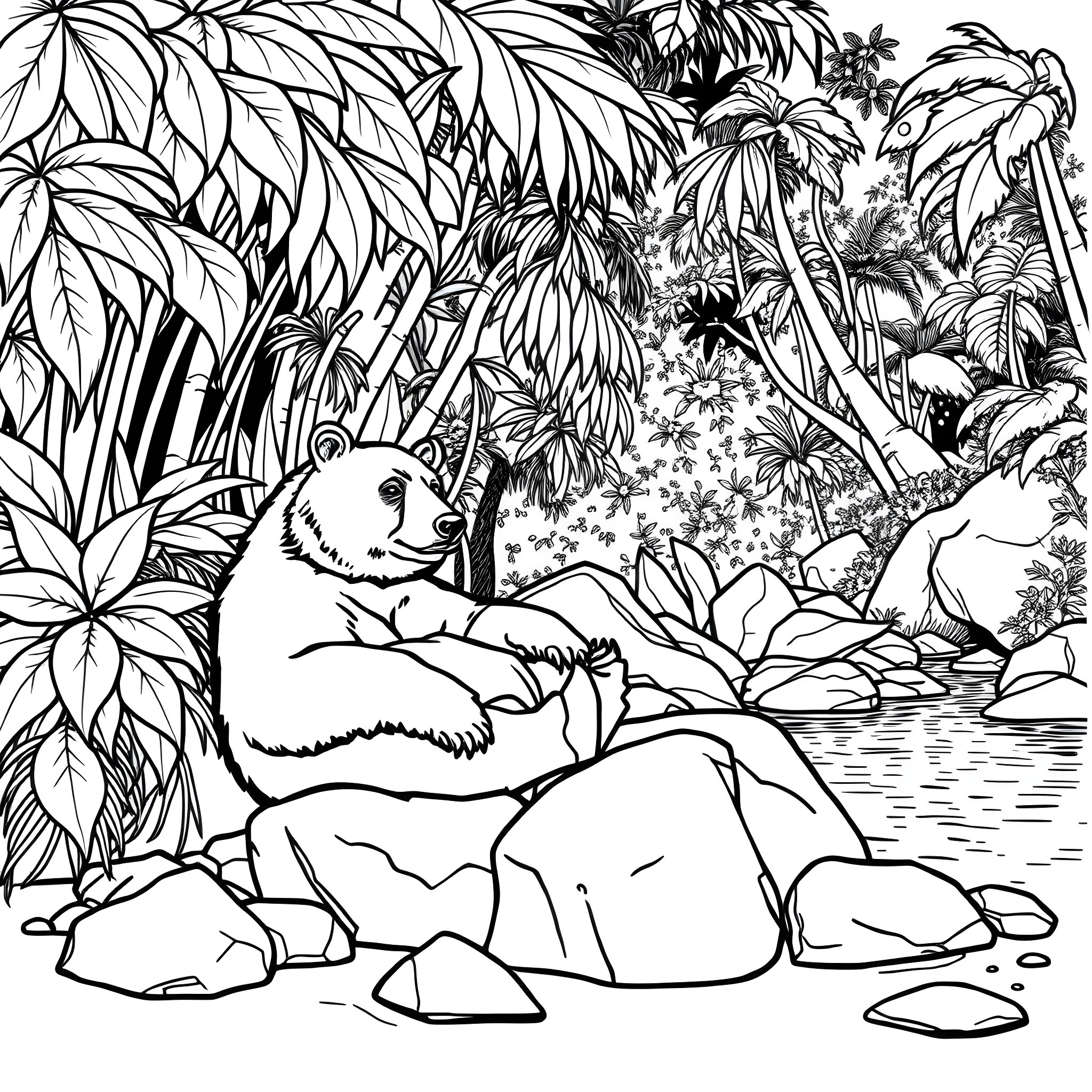 Sun Bear relaxing in tropical jungle landscape Coloring Page (free black-and-white line drawing printable PDF for all, from beginners to advanced learners, including children, teens, adults, and seniors)