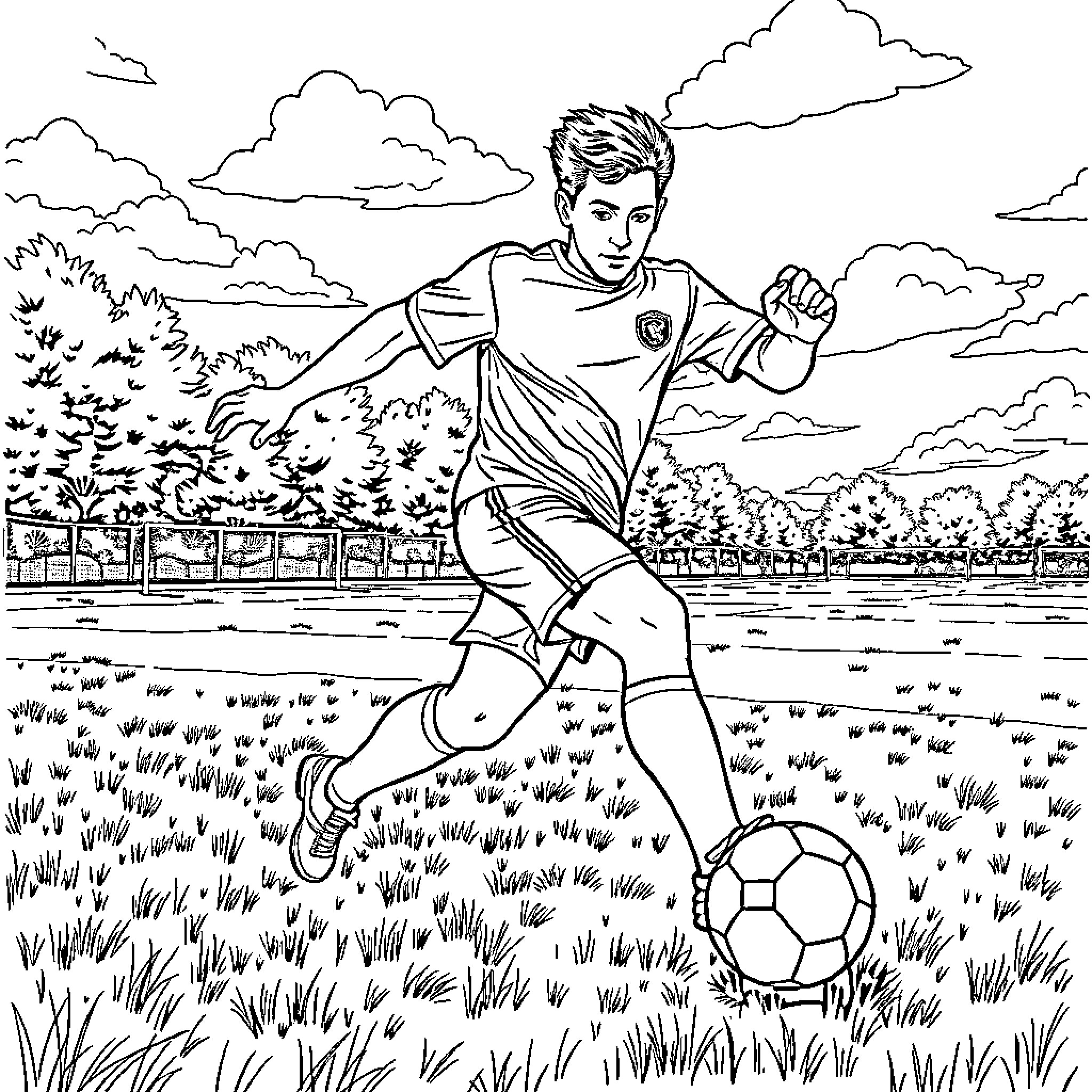 Oliver Aton playing soccer in the field Coloring Page (free black-and-white line drawing printable PDF for all, from beginners to advanced learners, including children, teens, adults, and seniors)