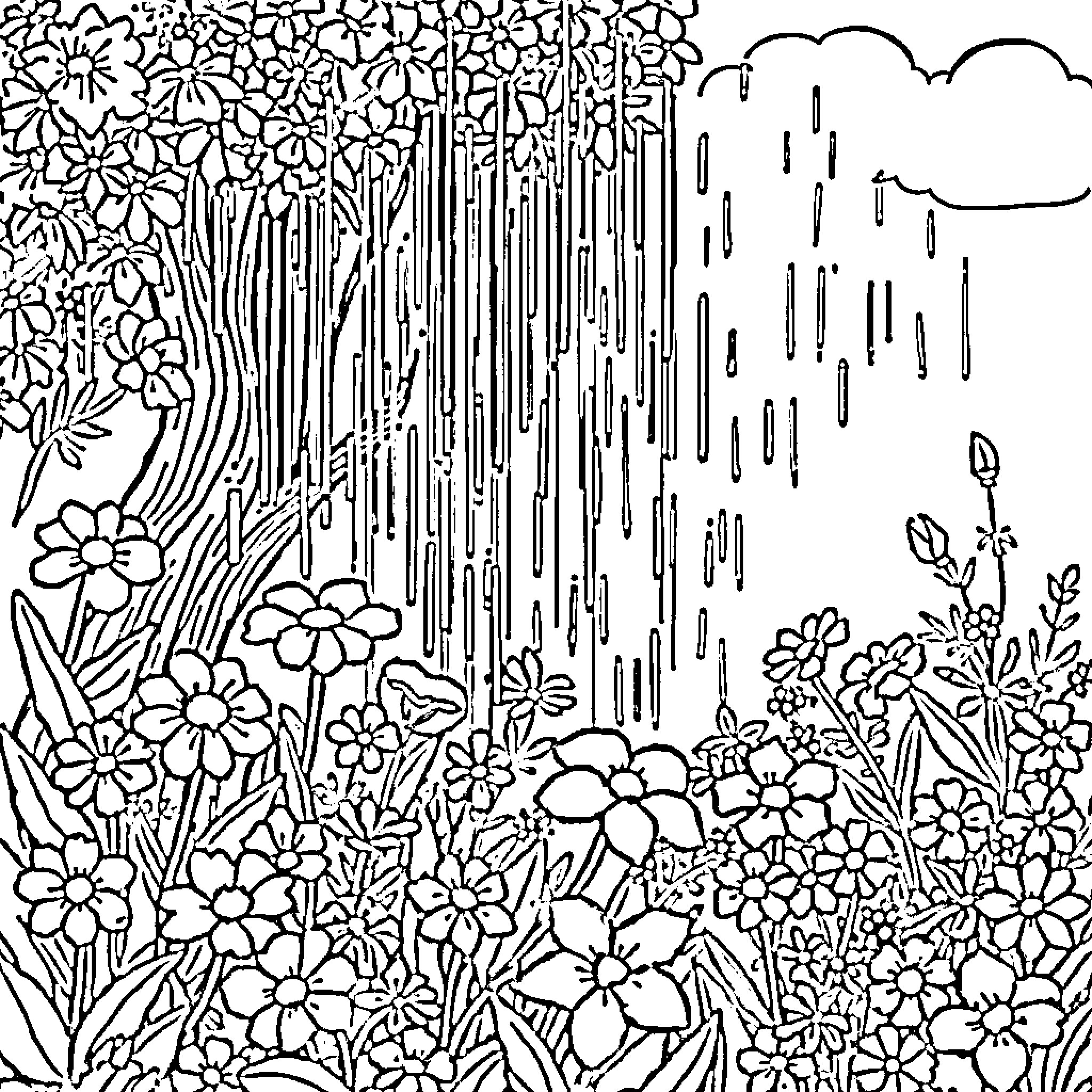 Rain falling on a lush floral garden Coloring Page (free black-and-white line drawing printable PDF for all, from beginners to advanced learners, including children, teens, adults, and seniors)
