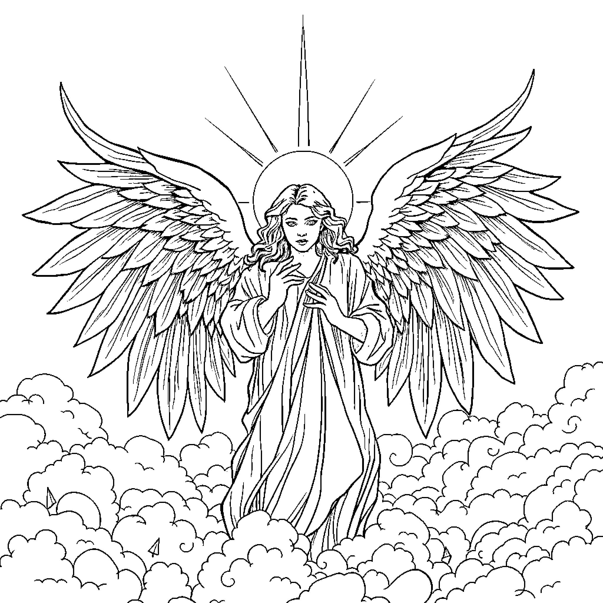 Angel in Heavenly Radiance with Outstretched Wings Coloring Page (free black-and-white line drawing printable PDF for all, from beginners to advanced learners, including children, teens, adults, and seniors)