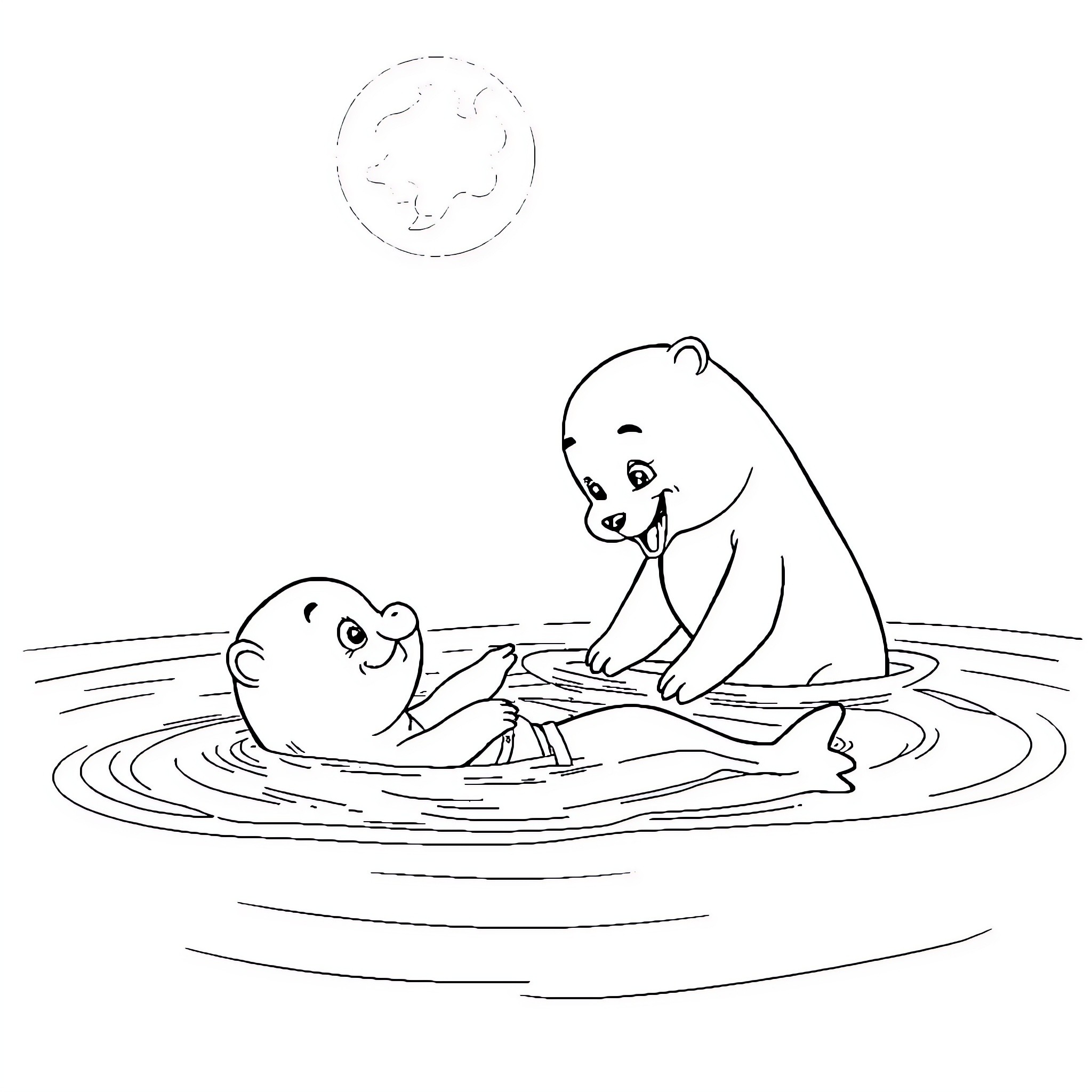 Baby polar bears playing in the water Coloring Page (free black-and-white line drawing printable PDF for all, from beginners to advanced learners, including children, teens, adults, and seniors)