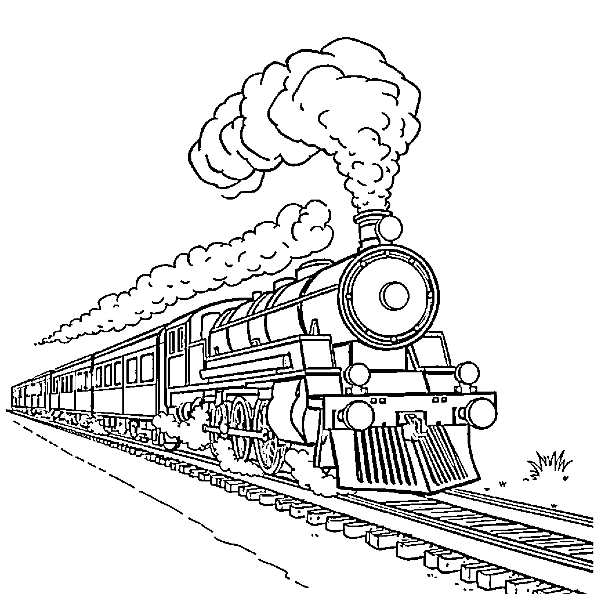 Steam Train Speeding Through the Countryside Coloring Page (free black-and-white line drawing printable PDF for all, from beginners to advanced learners, including children, teens, adults, and seniors)