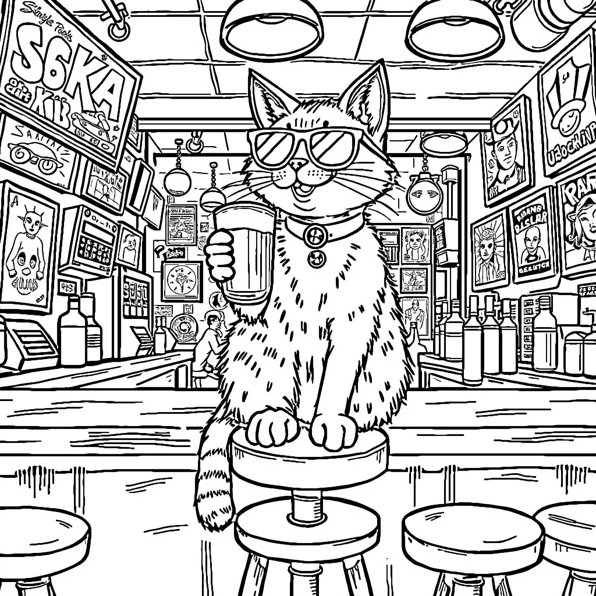Cat enjoying in a quirky retro bar Coloring Page (free black-and-white line drawing printable PDF for all, from beginners to advanced learners, including children, teens, adults, and seniors)