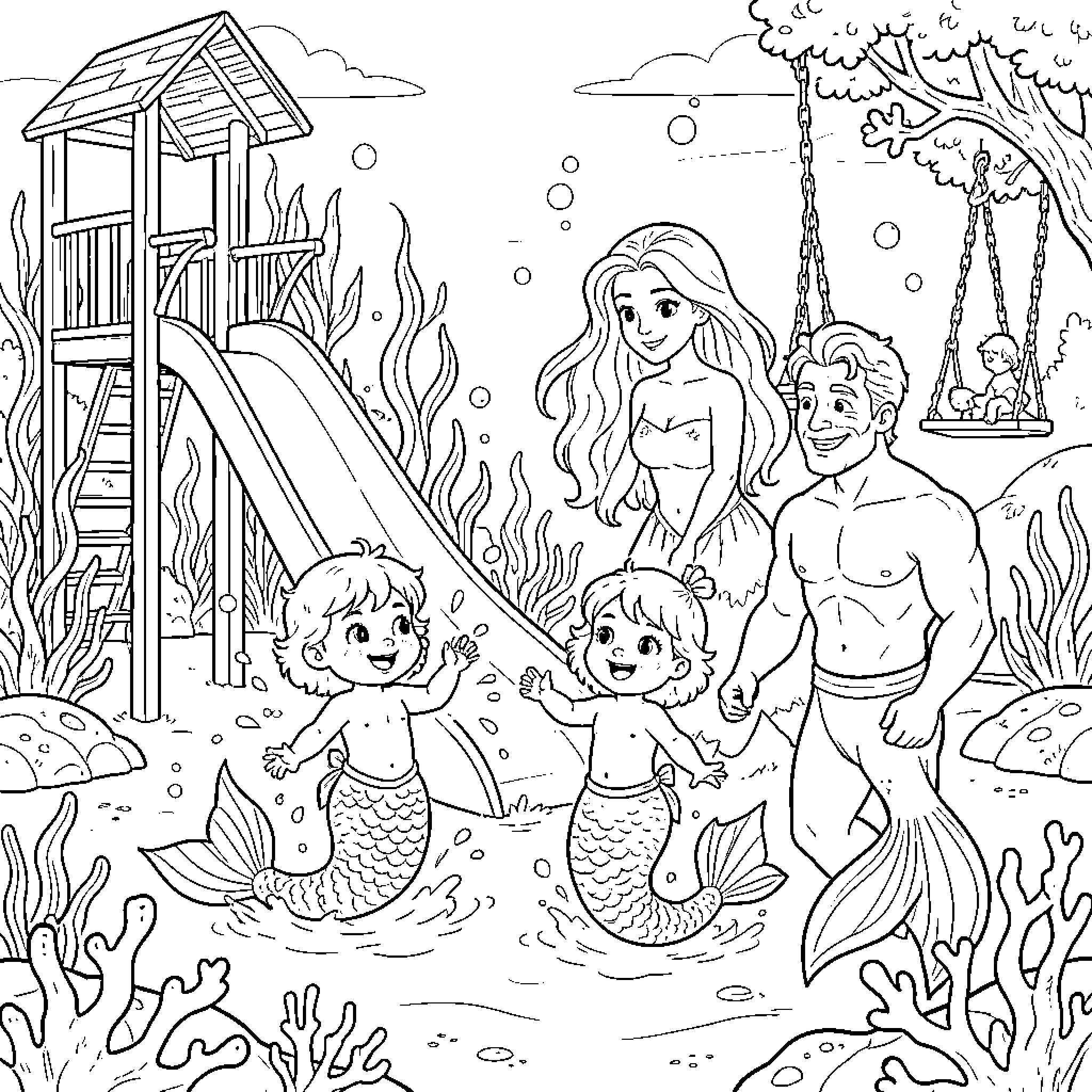Mermaid family enjoying a day at the underwater playground Coloring Page (free black-and-white line drawing printable PDF for all, from beginners to advanced learners, including children, teens, adults, and seniors)