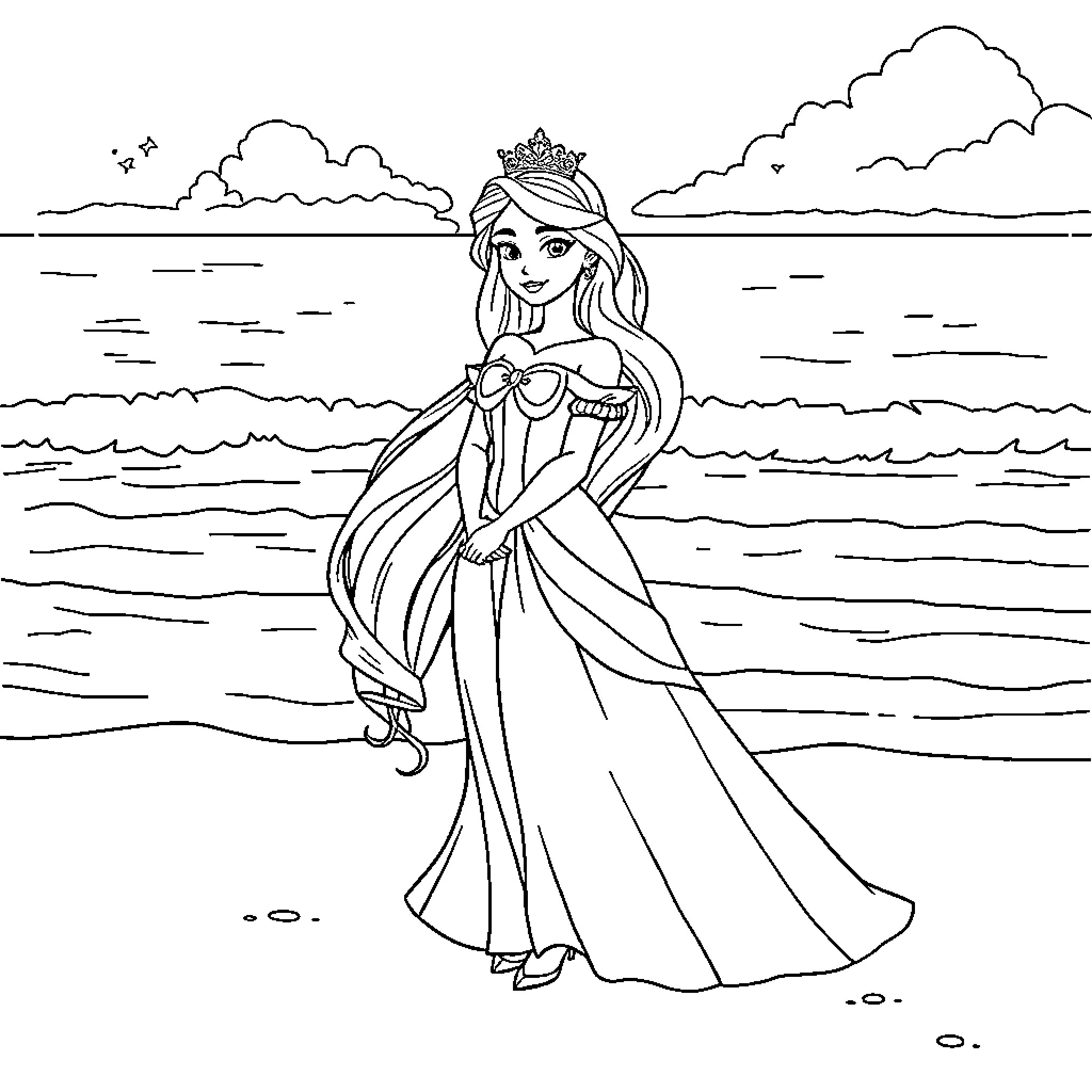 Princess standing by the ocean in elegant attire Coloring Page (free black-and-white line drawing printable PDF for all, from beginners to advanced learners, including children, teens, adults, and seniors)