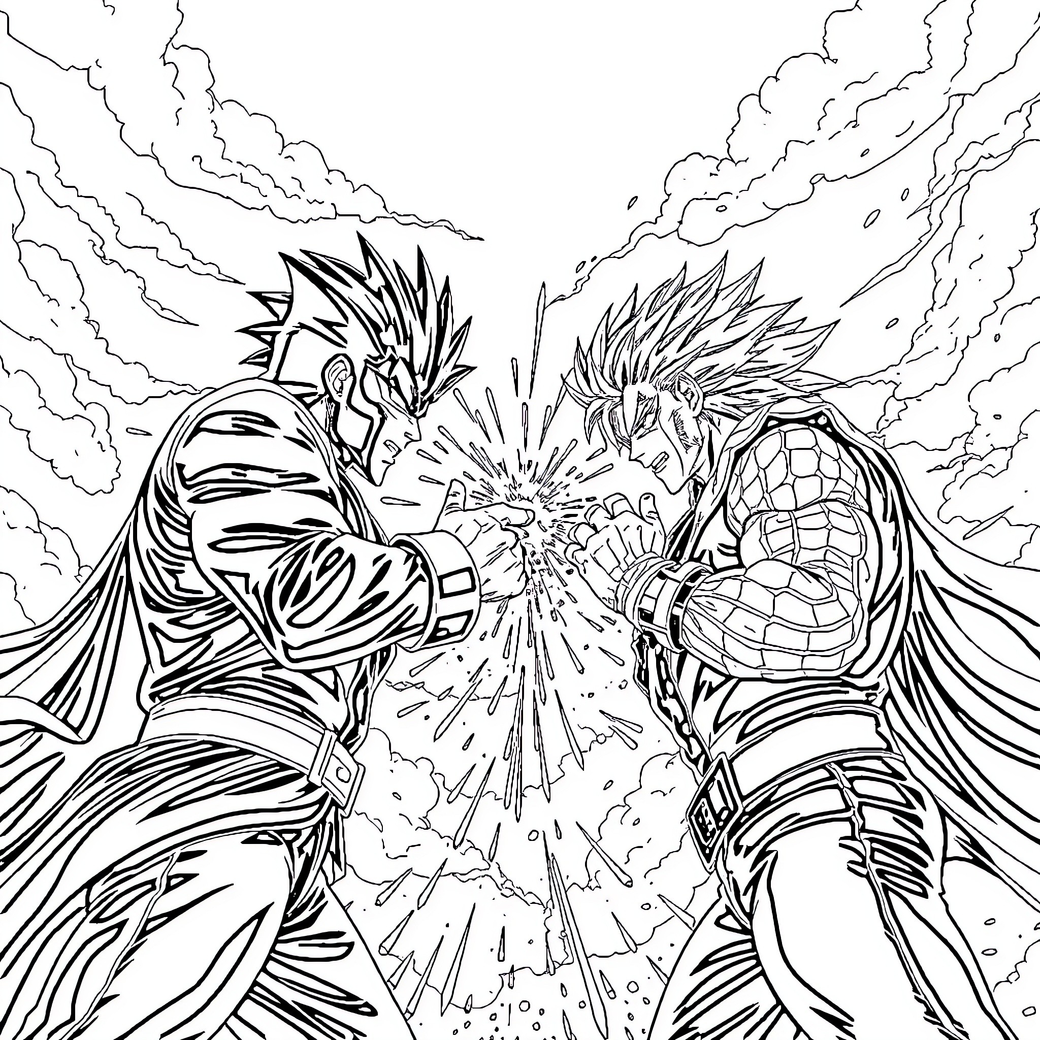 DIO: Powerful Confrontation Between Fierce Combatants Coloring Page (free black-and-white line drawing printable PDF for all, from beginners to advanced learners, including children, teens, adults, and seniors)