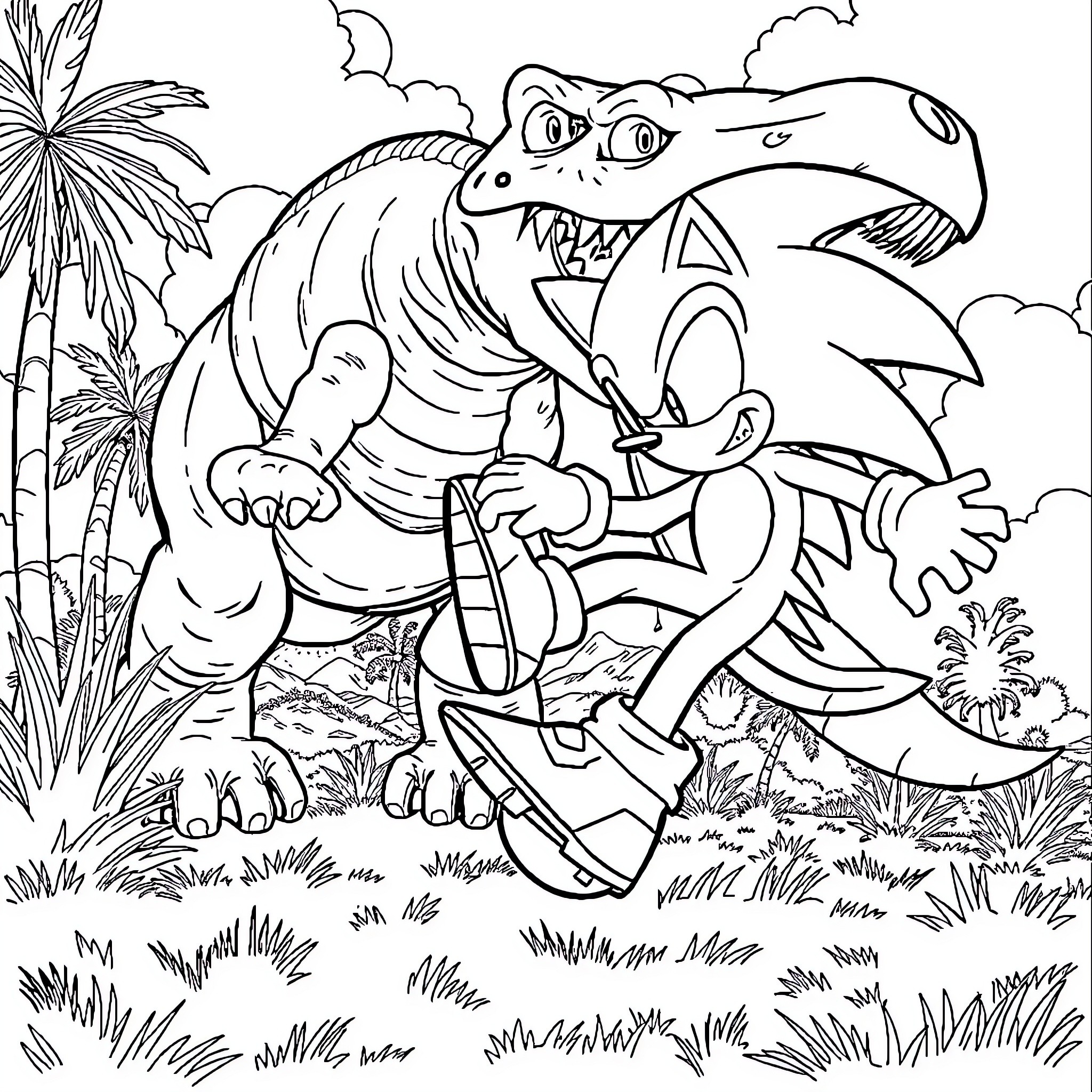 Sonic's Wild Adventure with a Fearsome Reptile Coloring Page (free black-and-white line drawing printable PDF for all, from beginners to advanced learners, including children, teens, adults, and seniors)