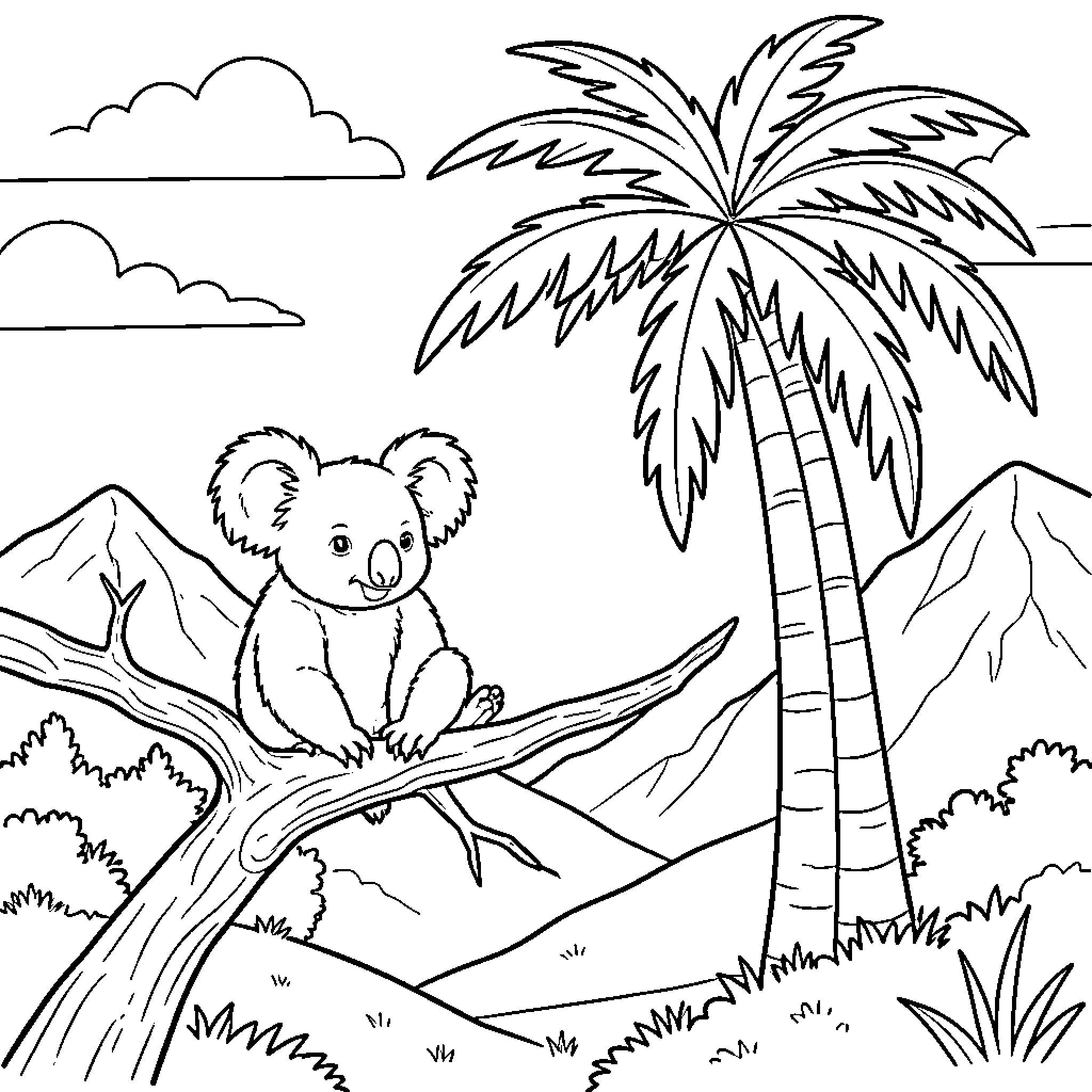 Koala sitting peacefully on a tree branch Coloring Page (free black-and-white line drawing printable PDF for all, from beginners to advanced learners, including children, teens, adults, and seniors)