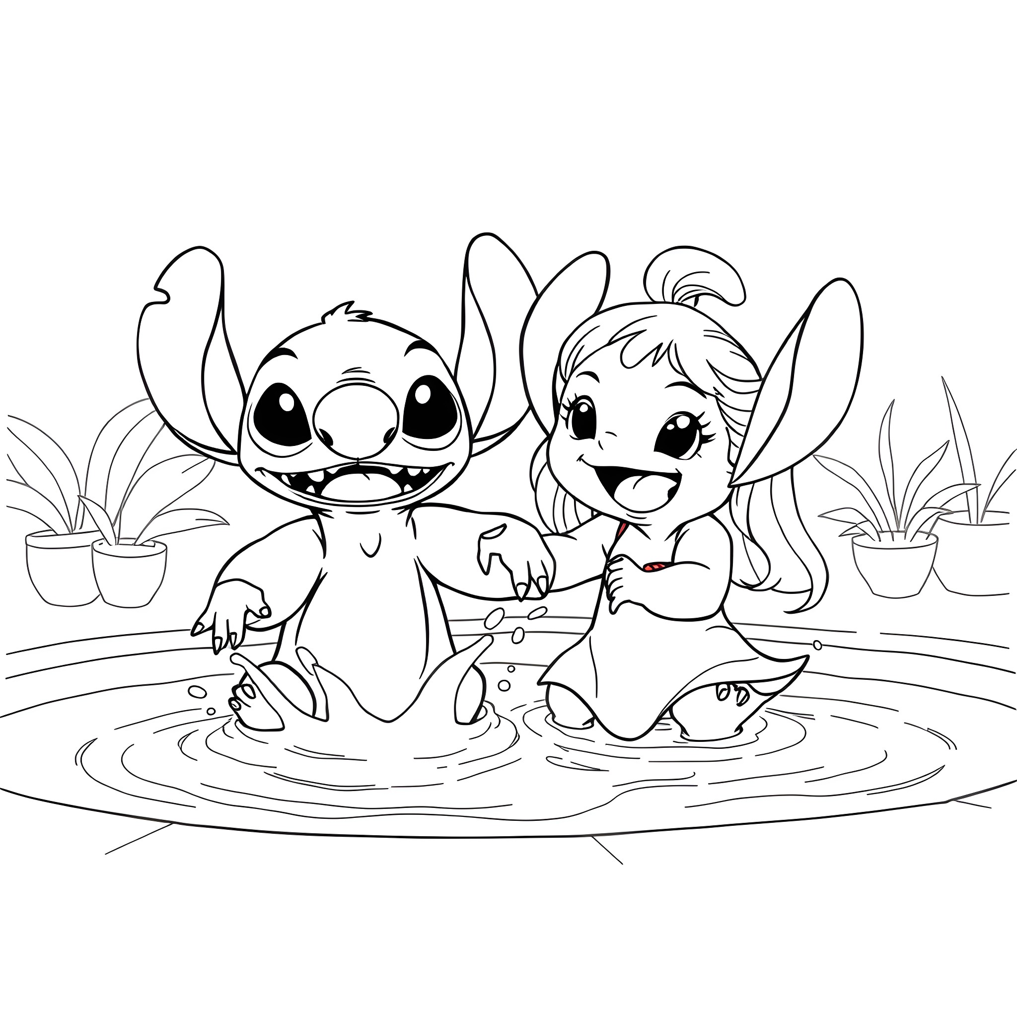 Lilo and Stitch playing joyfully in the water Coloring Page (free black-and-white line drawing printable PDF for all, from beginners to advanced learners, including children, teens, adults, and seniors)