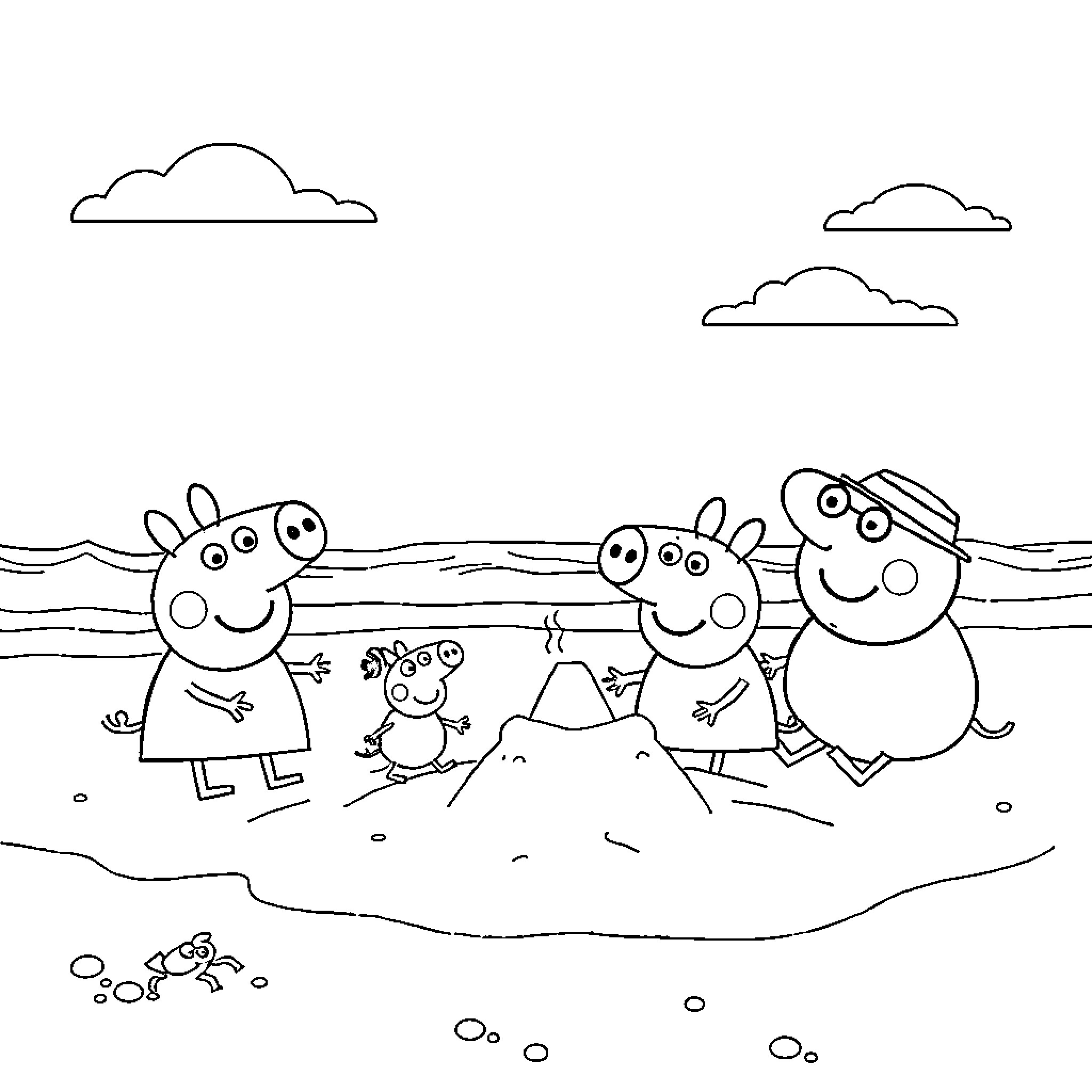 Peppa Pig family enjoying a day at the beach Coloring Page (free black-and-white line drawing printable PDF for all, from beginners to advanced learners, including children, teens, adults, and seniors)