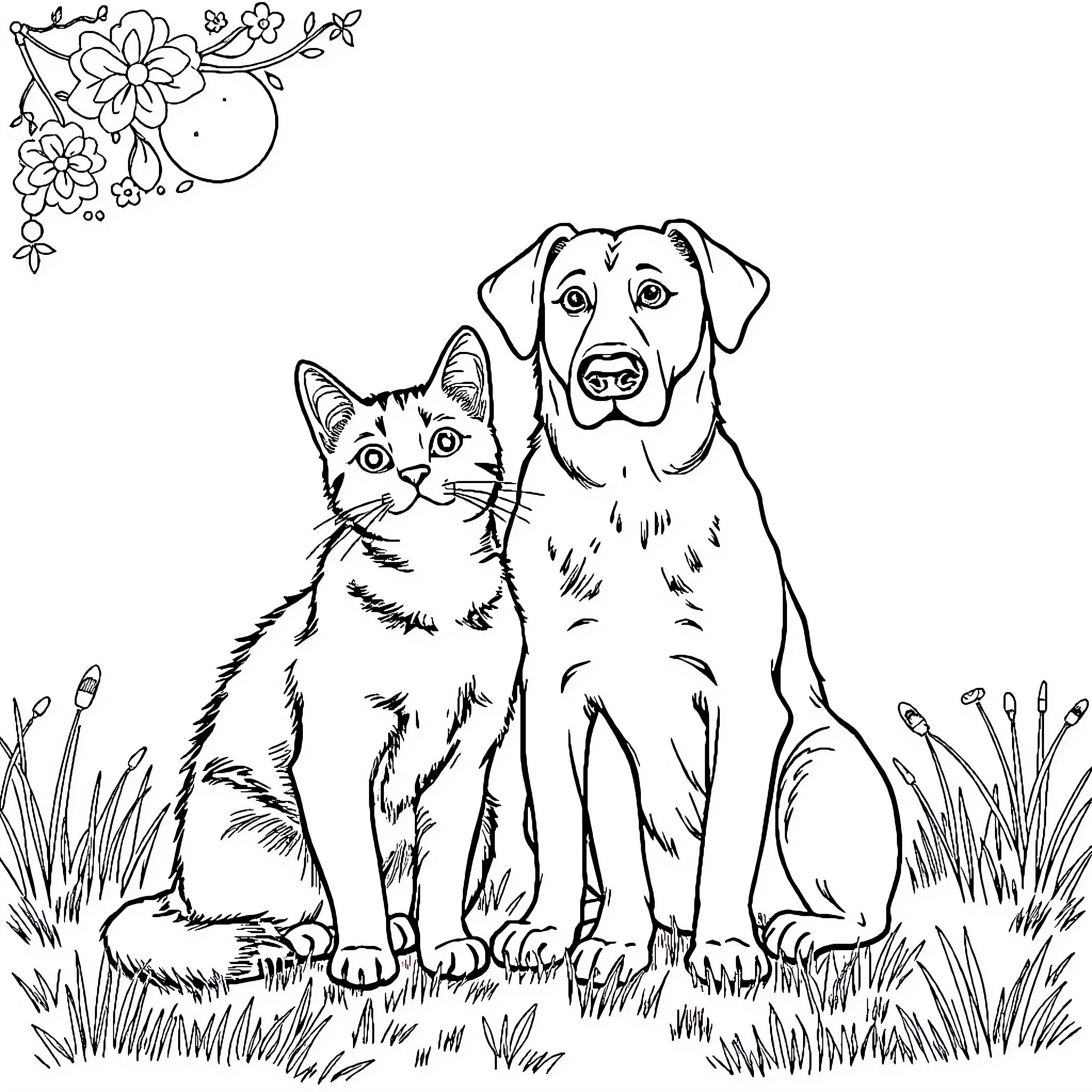 Cat-Dog friends in the garden Coloring Page (free black-and-white line drawing printable PDF for all, from beginners to advanced learners, including children, teens, adults, and seniors)