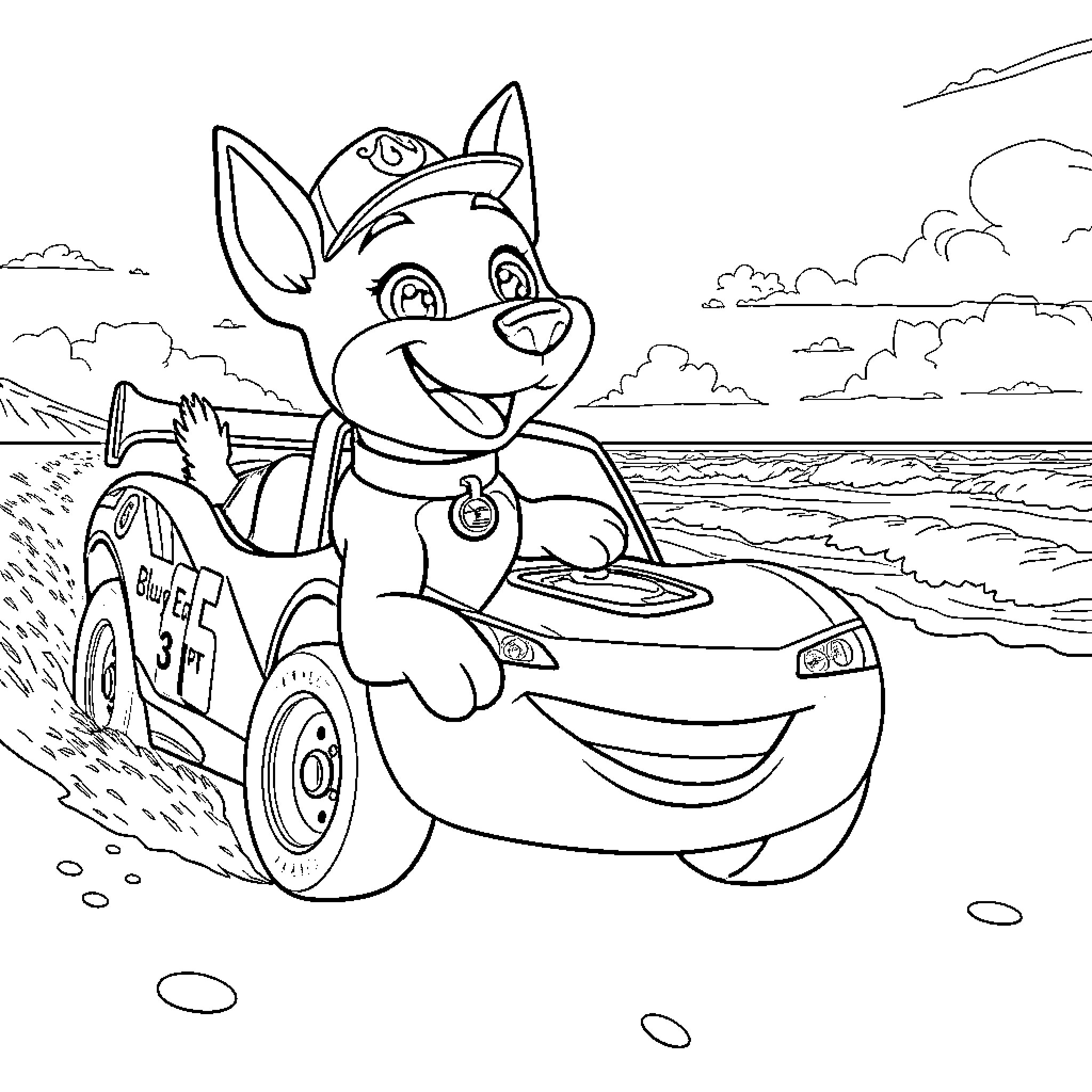 Bluey racing happily in a car by the beach Coloring Page (free black-and-white line drawing printable PDF for all, from beginners to advanced learners, including children, teens, adults, and seniors)