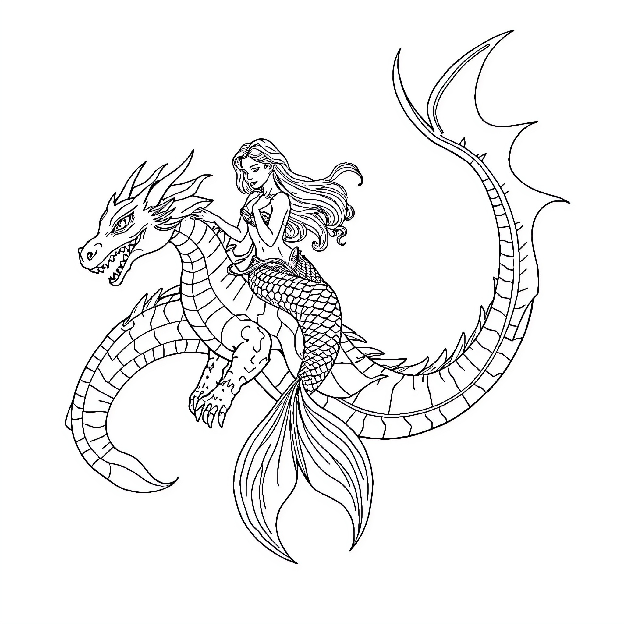 Mermaid riding a majestic dragon Coloring Page (free black-and-white line drawing printable PDF for all, from beginners to advanced learners, including children, teens, adults, and seniors)