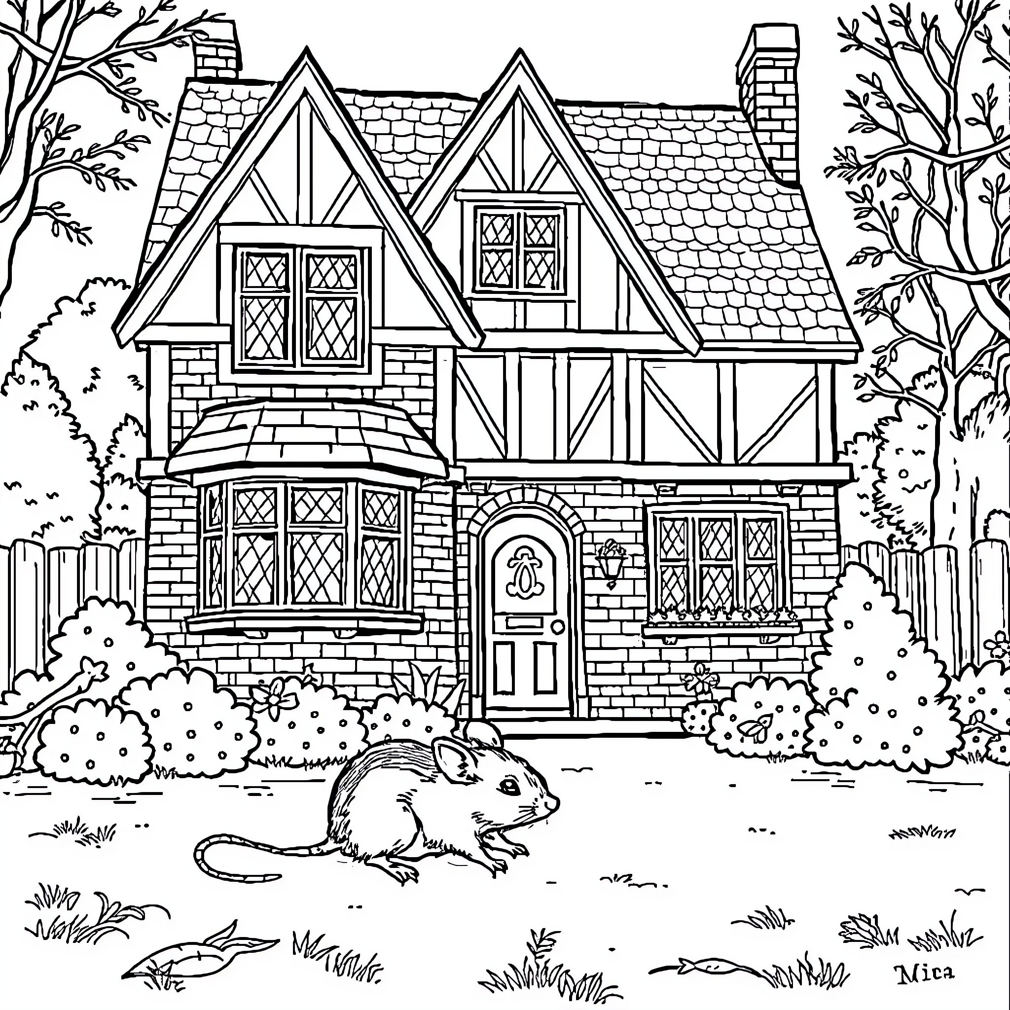 Mouse exploring the charming cottage in the countryside Coloring Page (free black-and-white line drawing printable PDF for all, from beginners to advanced learners, including children, teens, adults, and seniors)