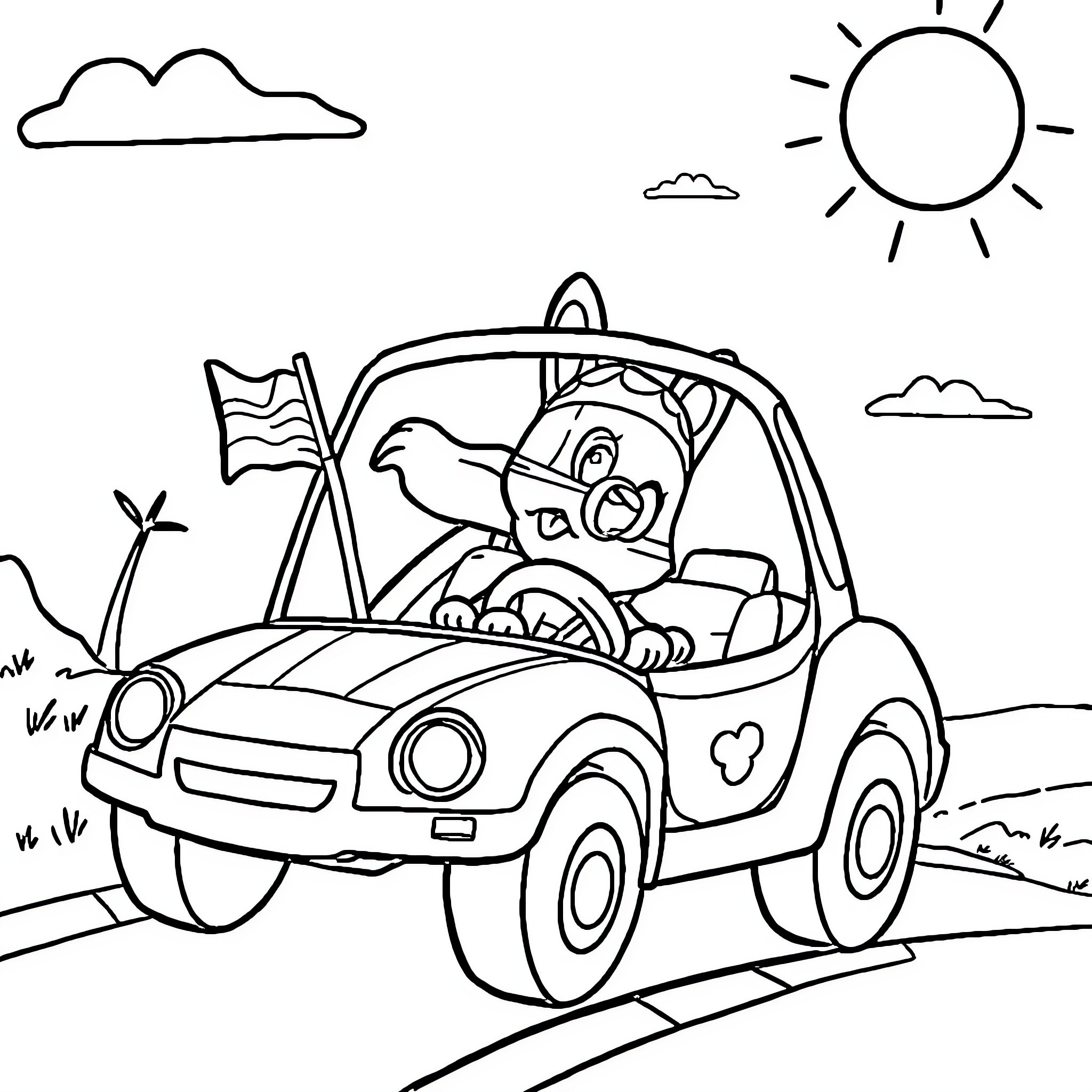Patrol vehicle cruising through a scenic landscape Coloring Page (free black-and-white line drawing printable PDF for all, from beginners to advanced learners, including children, teens, adults, and seniors)