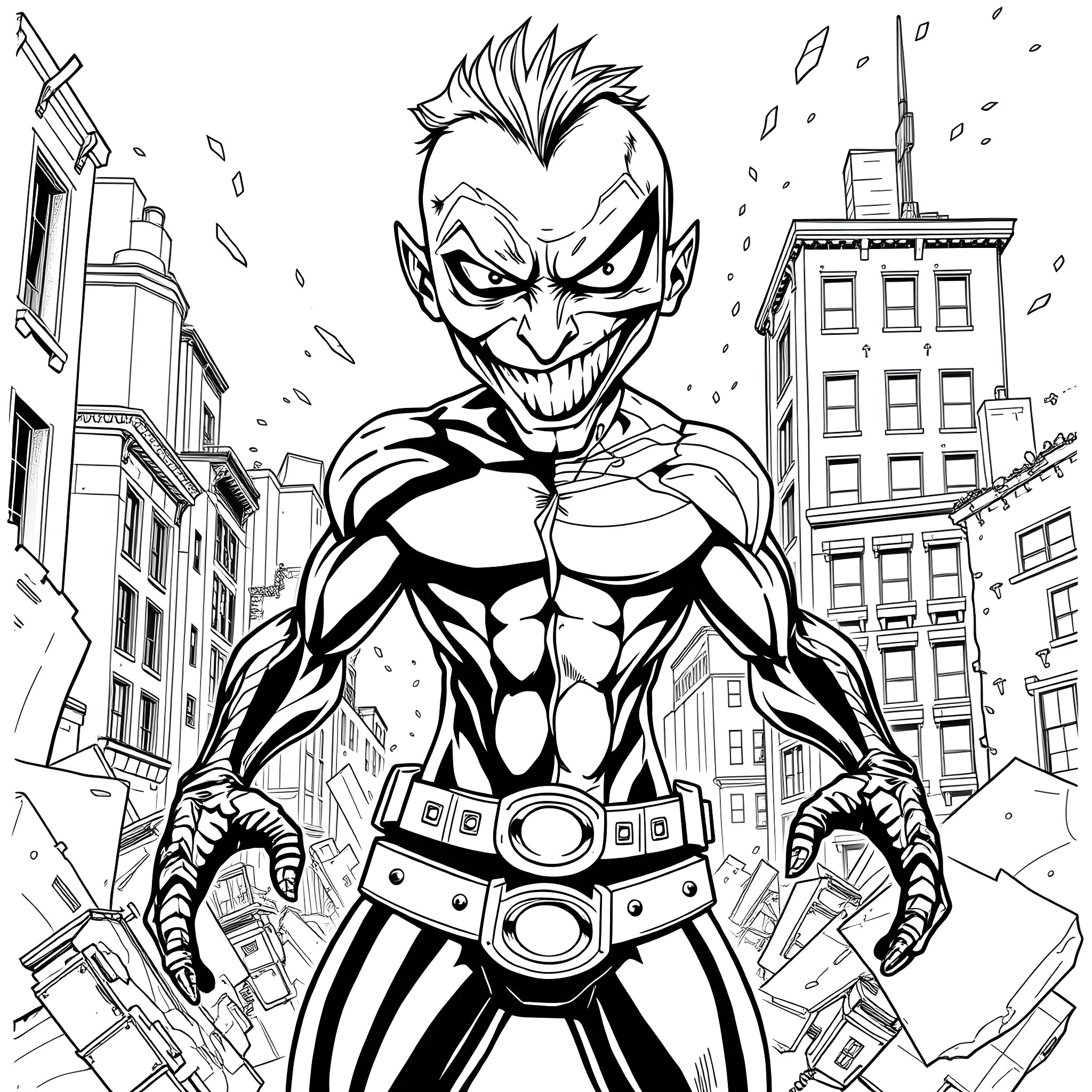 Goblin Supervillain Terrorizing the City Coloring Page (free black-and-white line drawing printable PDF for all, from beginners to advanced learners, including children, teens, adults, and seniors)