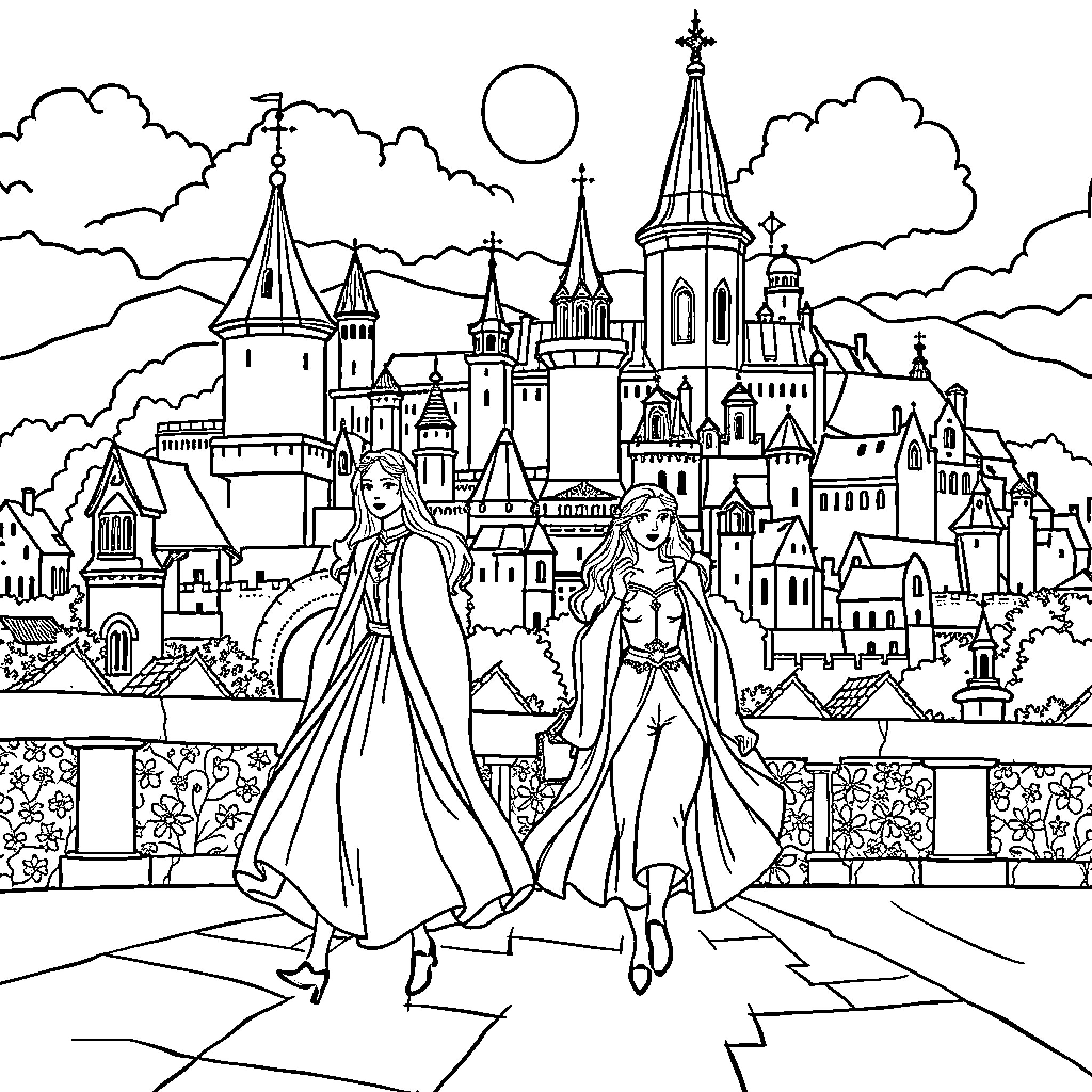 Princesses strolling through a magical castle town Coloring Page (free black-and-white line drawing printable PDF for all, from beginners to advanced learners, including children, teens, adults, and seniors)