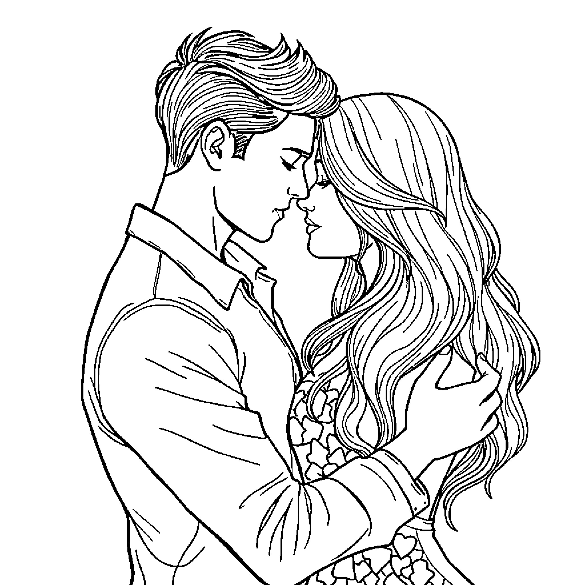 Couple in romantic embrace Coloring Page (free black-and-white line drawing printable PDF for all, from beginners to advanced learners, including children, teens, adults, and seniors)
