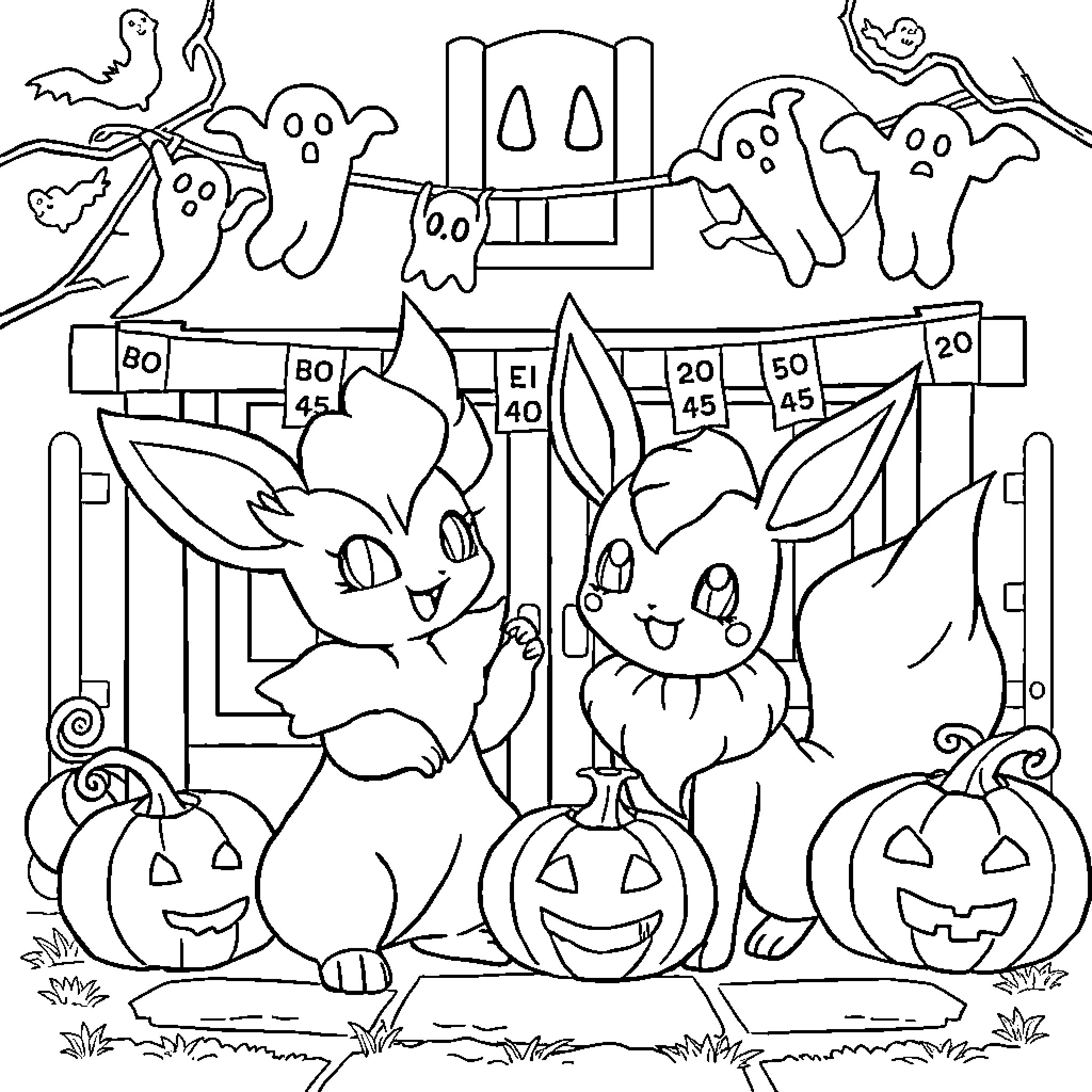 Vulpix enjoying Halloween with ghostly friends Coloring Page (free black-and-white line drawing printable PDF for all, from beginners to advanced learners, including children, teens, adults, and seniors)