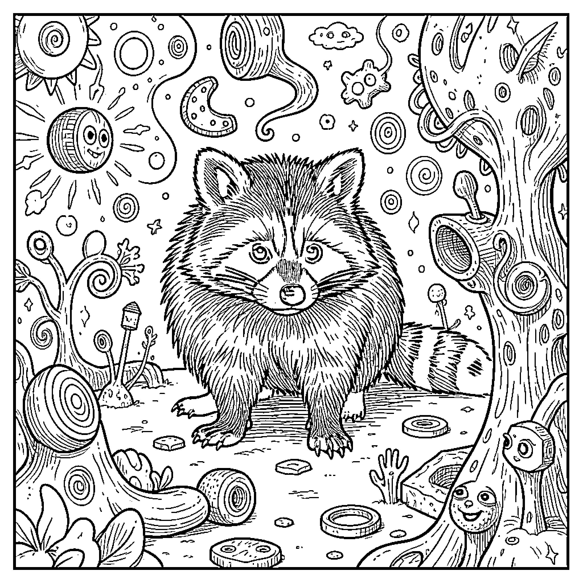 Raccoon standing in a whimsical fantasy forest Coloring Page (free black-and-white line drawing printable PDF for all, from beginners to advanced learners, including children, teens, adults, and seniors)