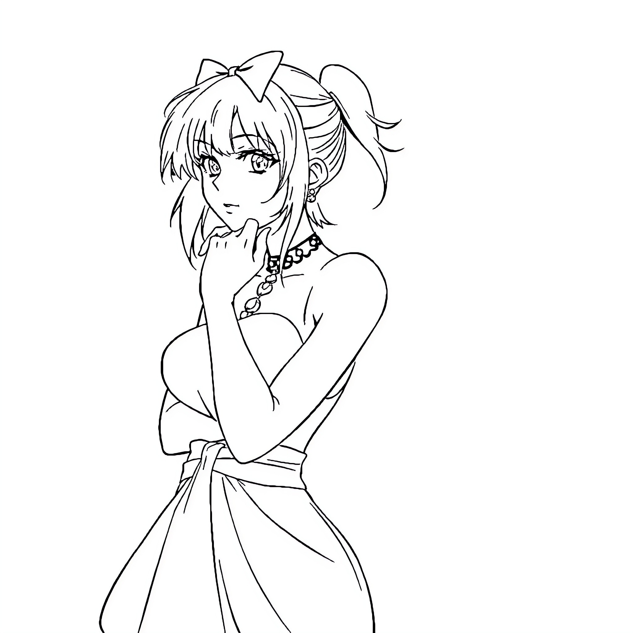 Sakura Anime Girl in Contemplative Pose Coloring Page (free black-and-white line drawing printable PDF for all, from beginners to advanced learners, including children, teens, adults, and seniors)