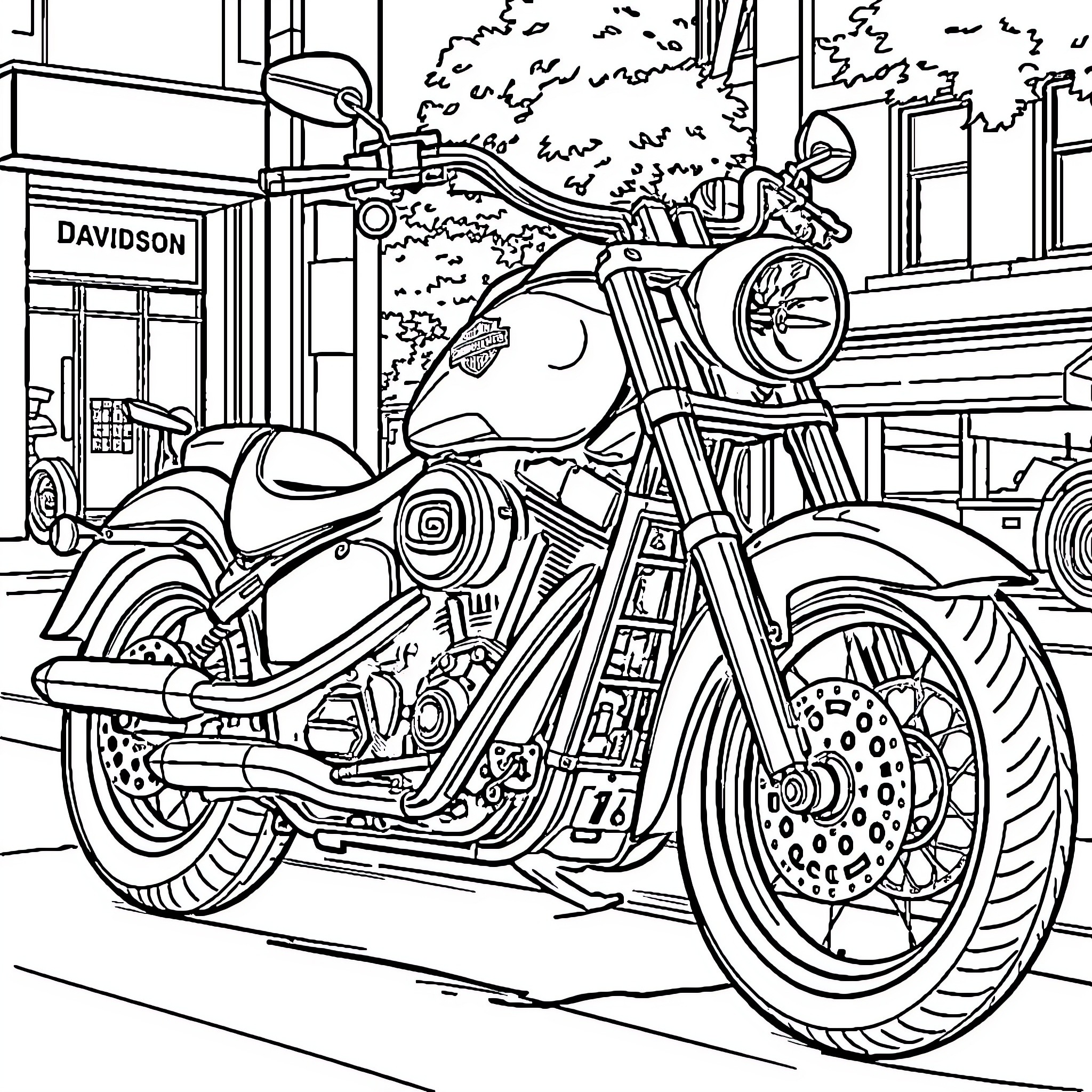 Harley Davidson motorcycle parked outside shop Coloring Page (free black-and-white line drawing printable PDF for all, from beginners to advanced learners, including children, teens, adults, and seniors)