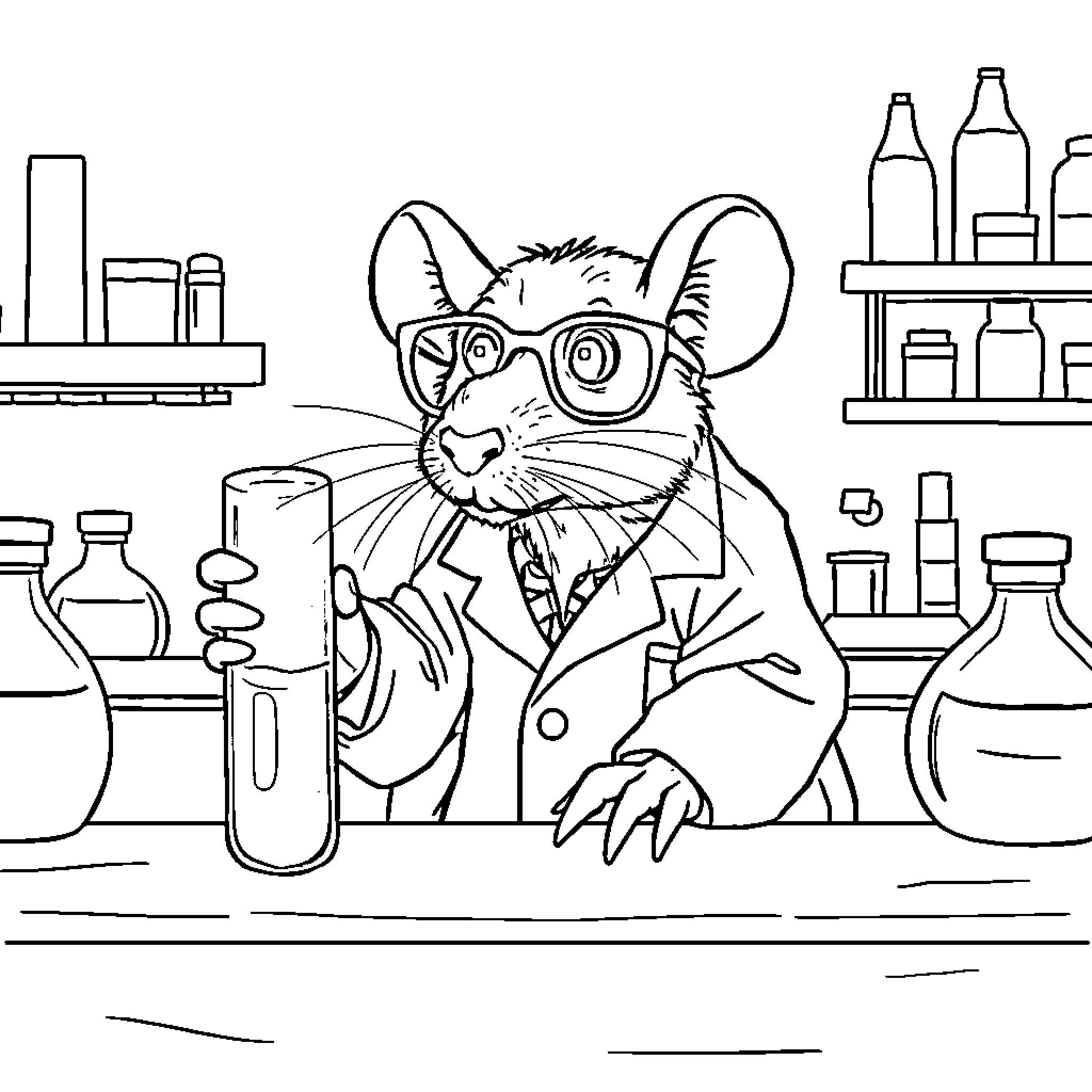 Lab Rat in Scientist Attire Conducting Experiments Coloring Page (free black-and-white line drawing printable PDF for all, from beginners to advanced learners, including children, teens, adults, and seniors)