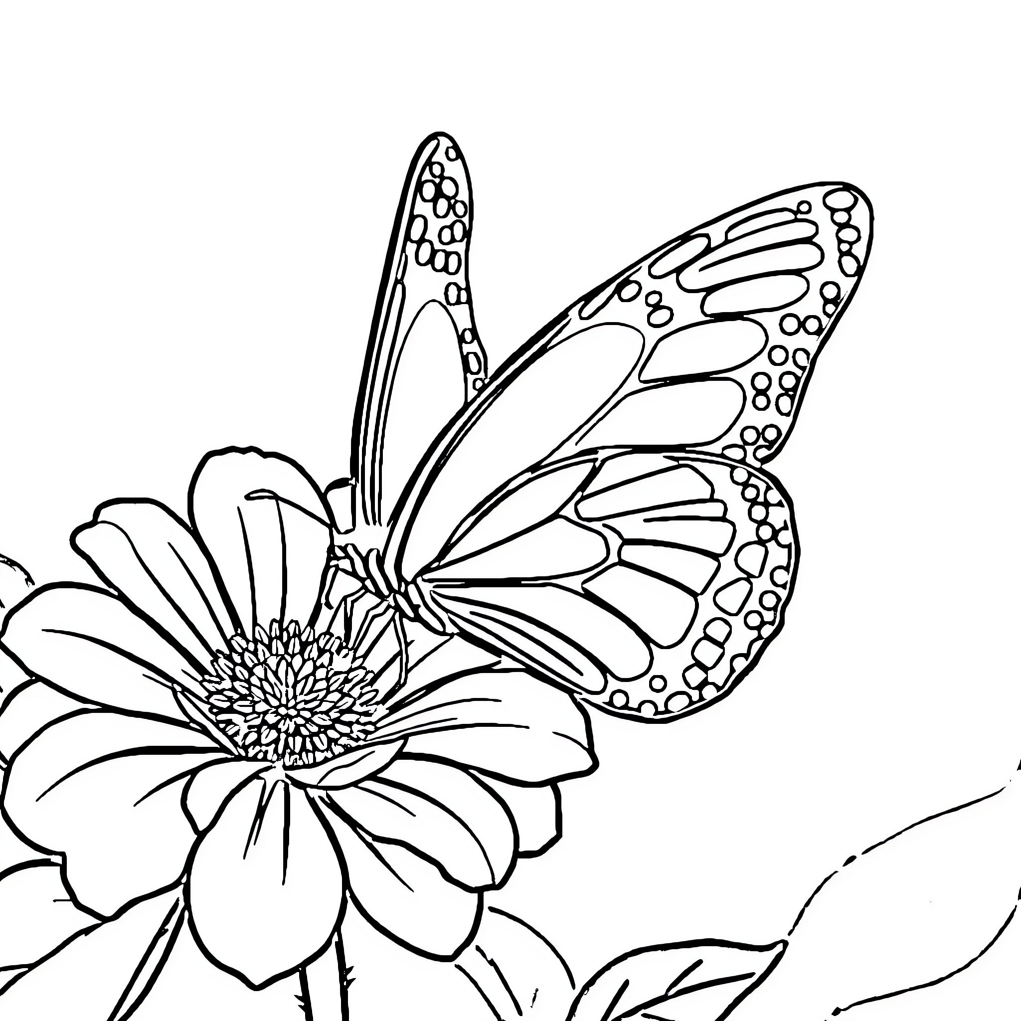 Butterfly resting on a vibrant flower Coloring Page (free black-and-white line drawing printable PDF for all, from beginners to advanced learners, including children, teens, adults, and seniors)