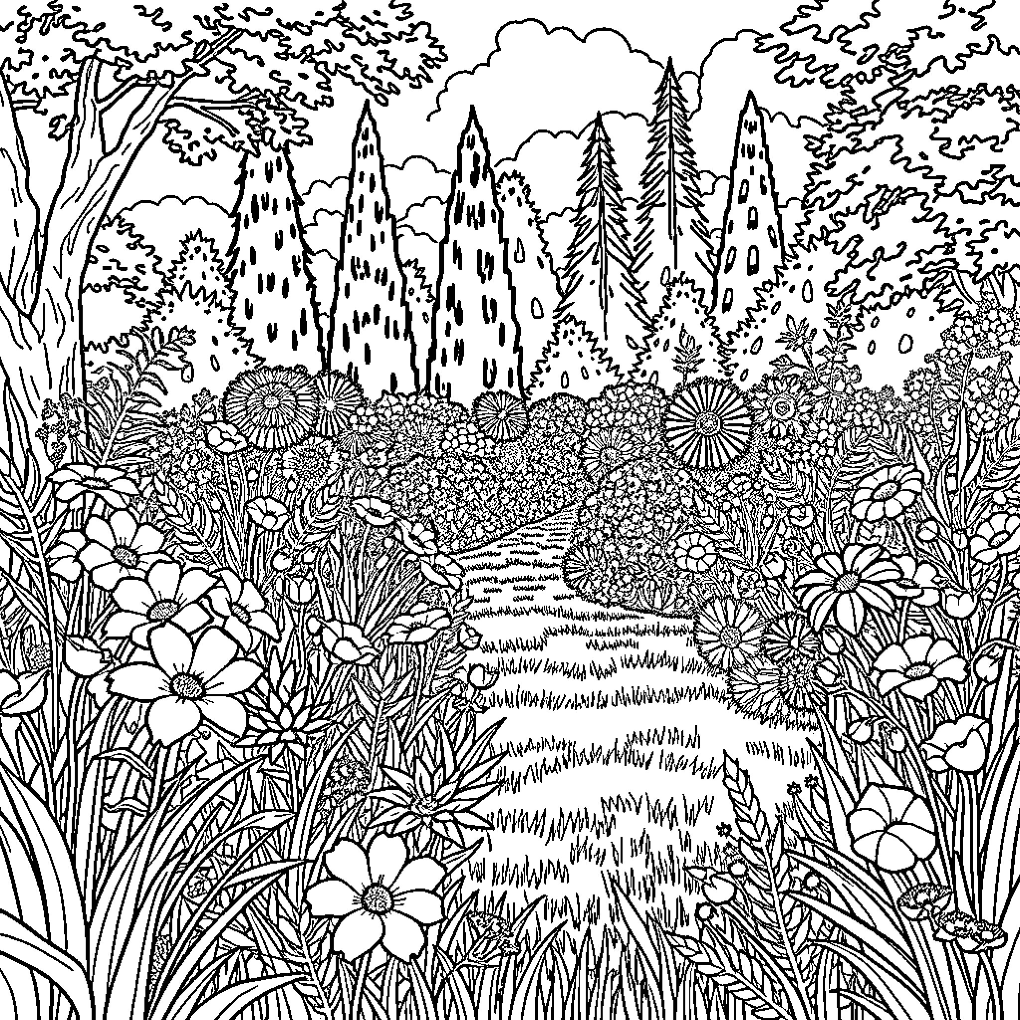 Garden of Whimsical Flowers and Lush Foliage Coloring Page (free black-and-white line drawing printable PDF for all, from beginners to advanced learners, including children, teens, adults, and seniors)