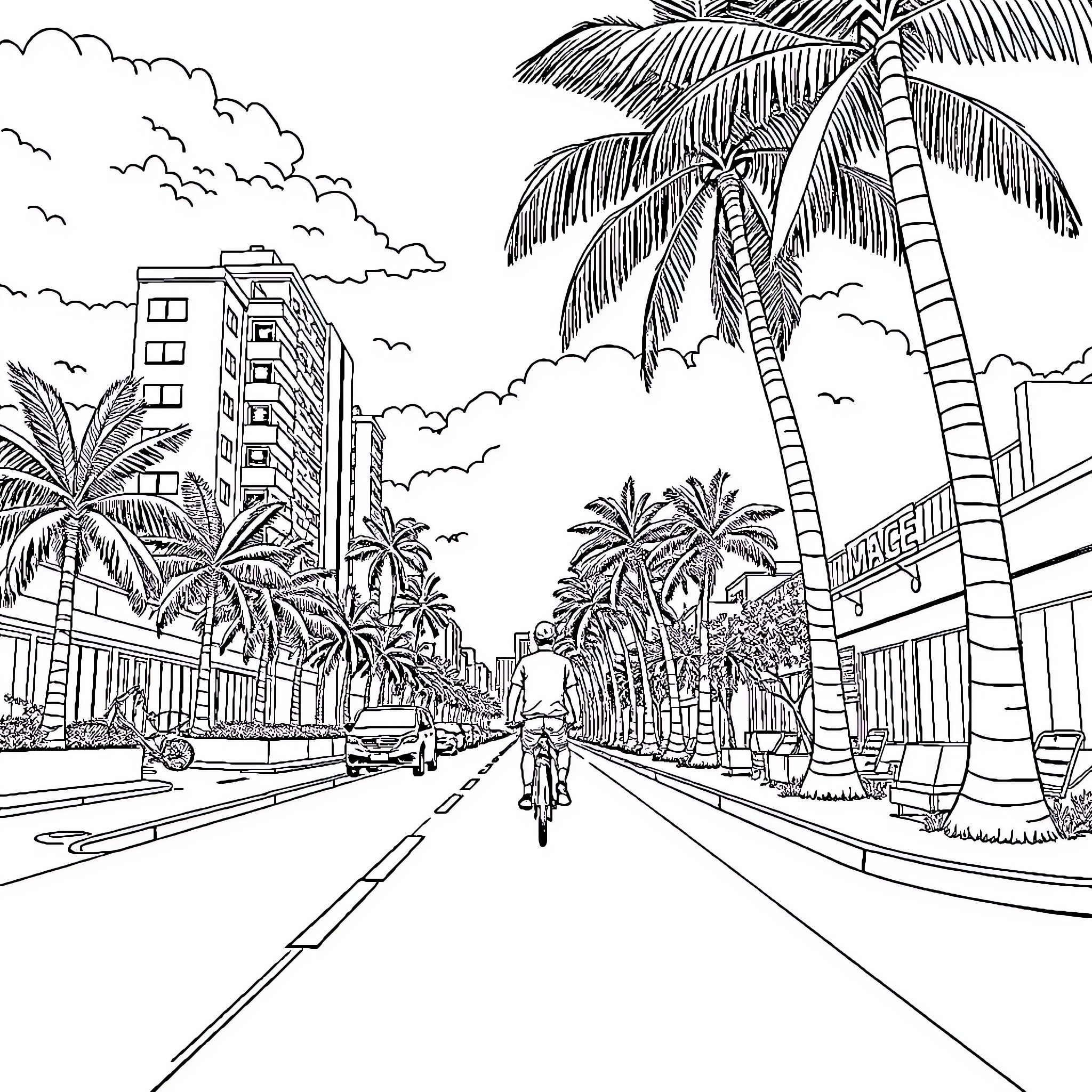E Bike Ride through Tropical City Landscape Coloring Page (free black-and-white line drawing printable PDF for all, from beginners to advanced learners, including children, teens, adults, and seniors)