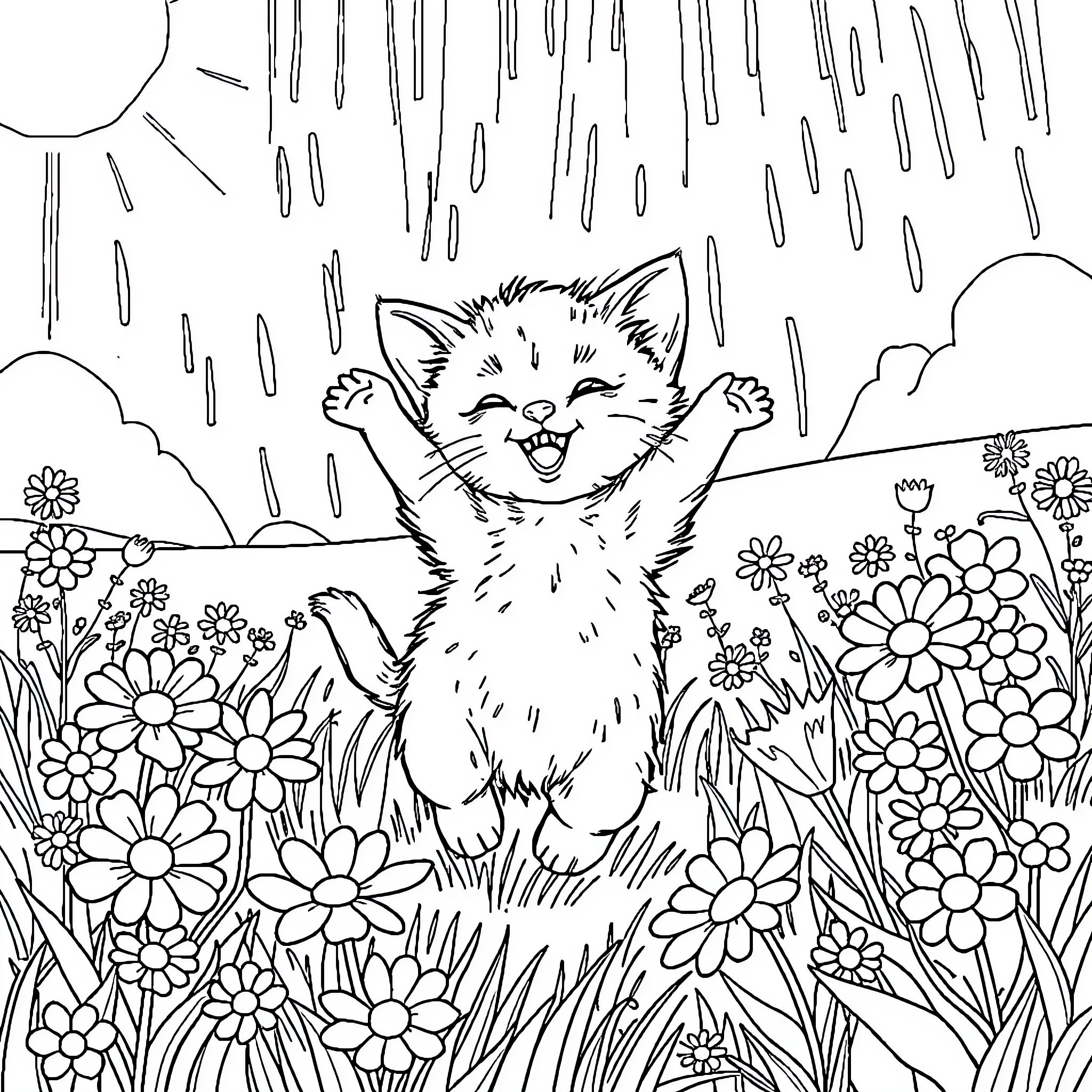 Kitten playing joyfully in the rain and flowers Coloring Page (free black-and-white line drawing printable PDF for all, from beginners to advanced learners, including children, teens, adults, and seniors)