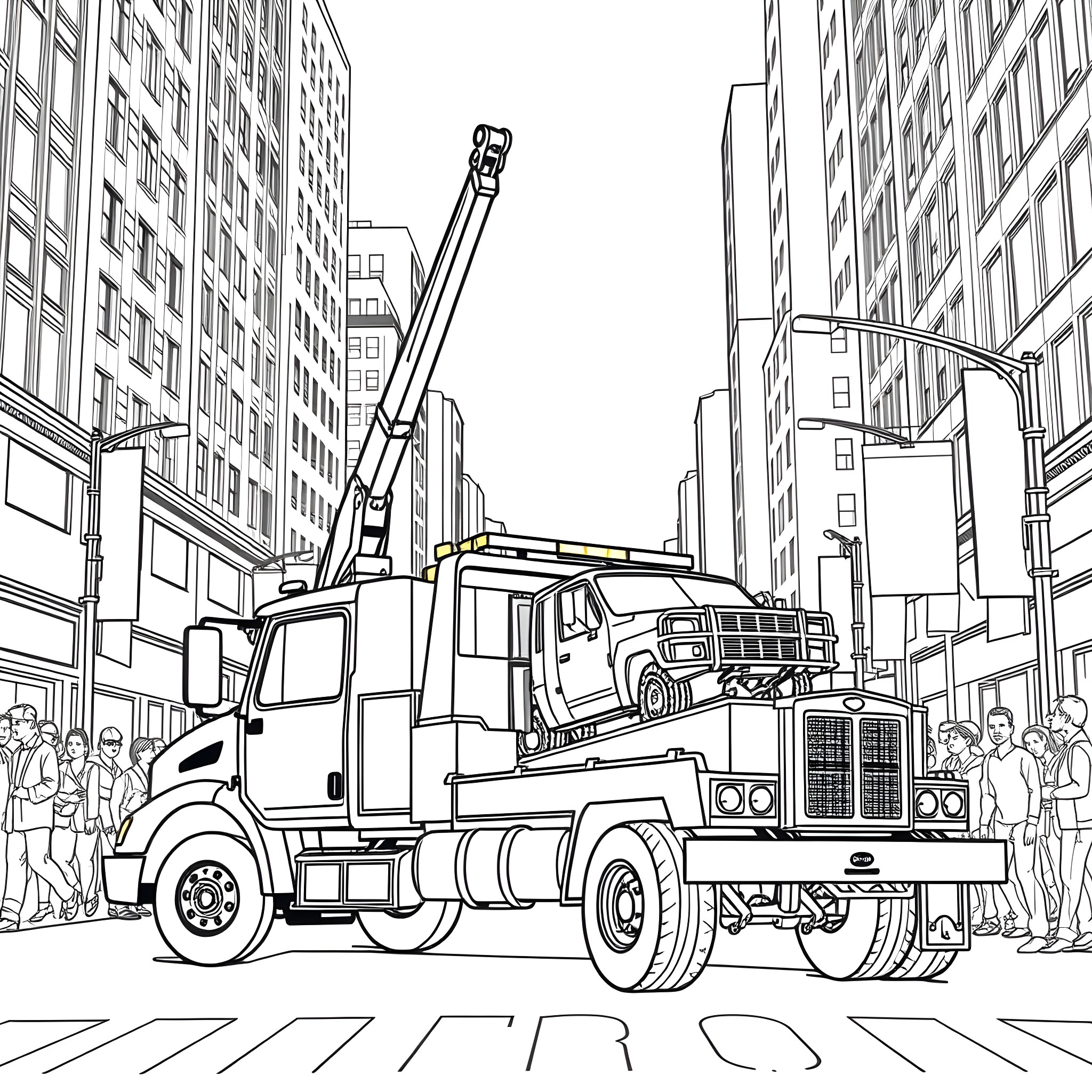 Tow Truck Assisting in Crowded City Street Coloring Page (free black-and-white line drawing printable PDF for all, from beginners to advanced learners, including children, teens, adults, and seniors)