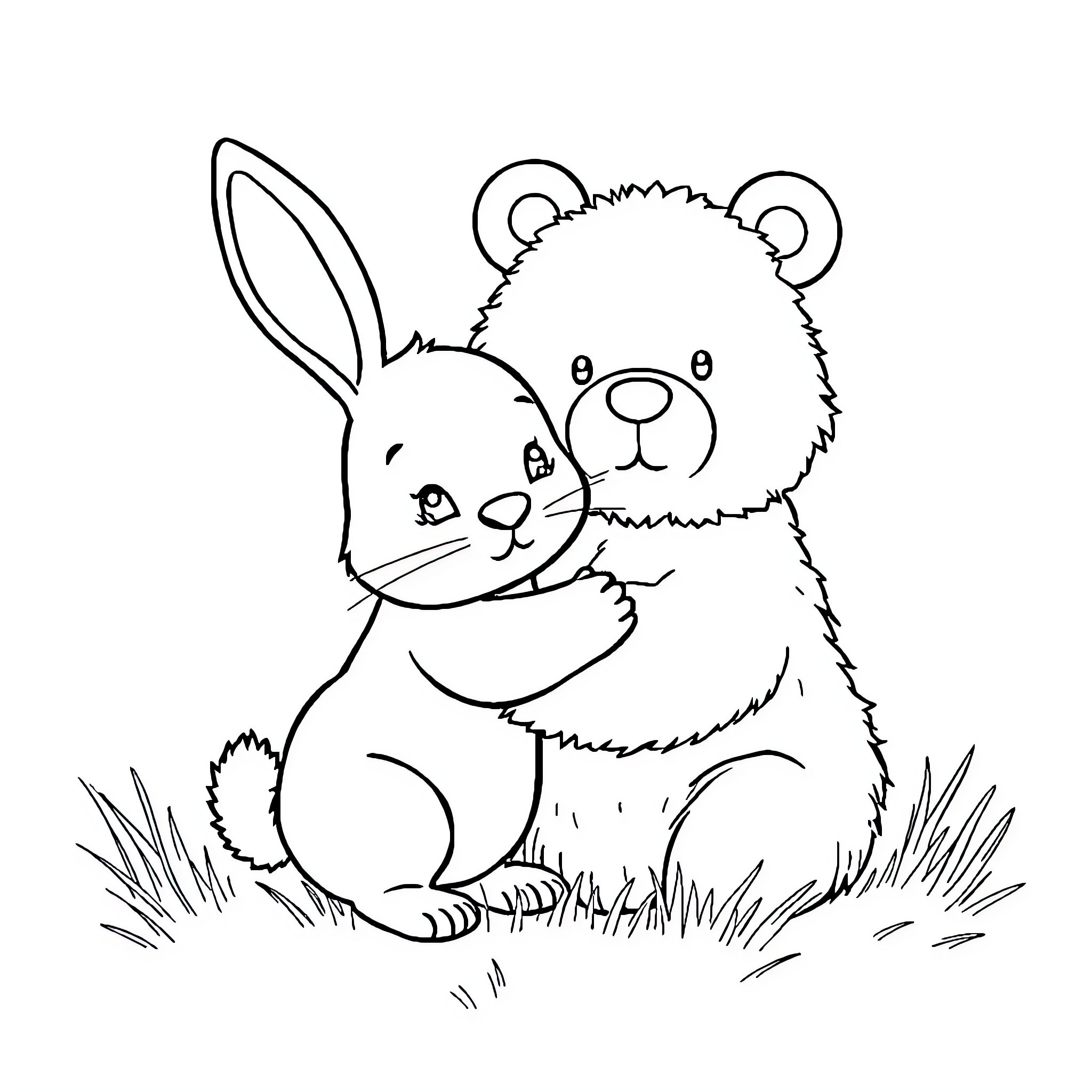 Bunny and Teddy Bear Friends in Grass Coloring Page (free black-and-white line drawing printable PDF for all, from beginners to advanced learners, including children, teens, adults, and seniors)
