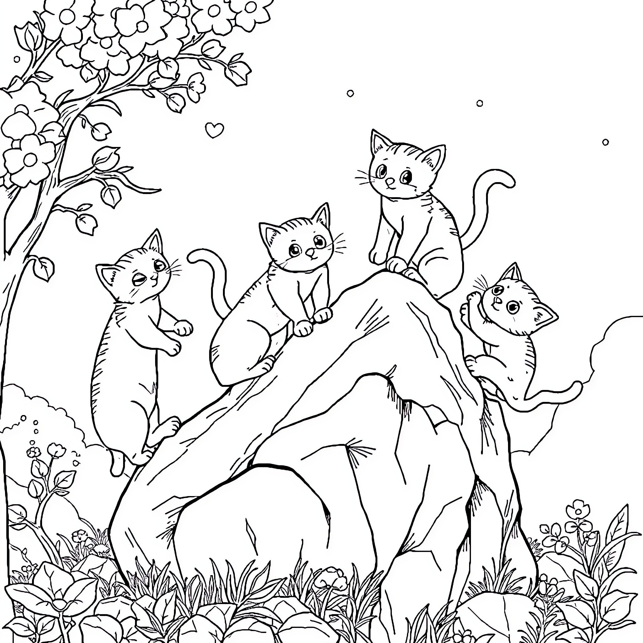 Kitten playing in a floral garden Coloring Page (free black-and-white line drawing printable PDF for all, from beginners to advanced learners, including children, teens, adults, and seniors)