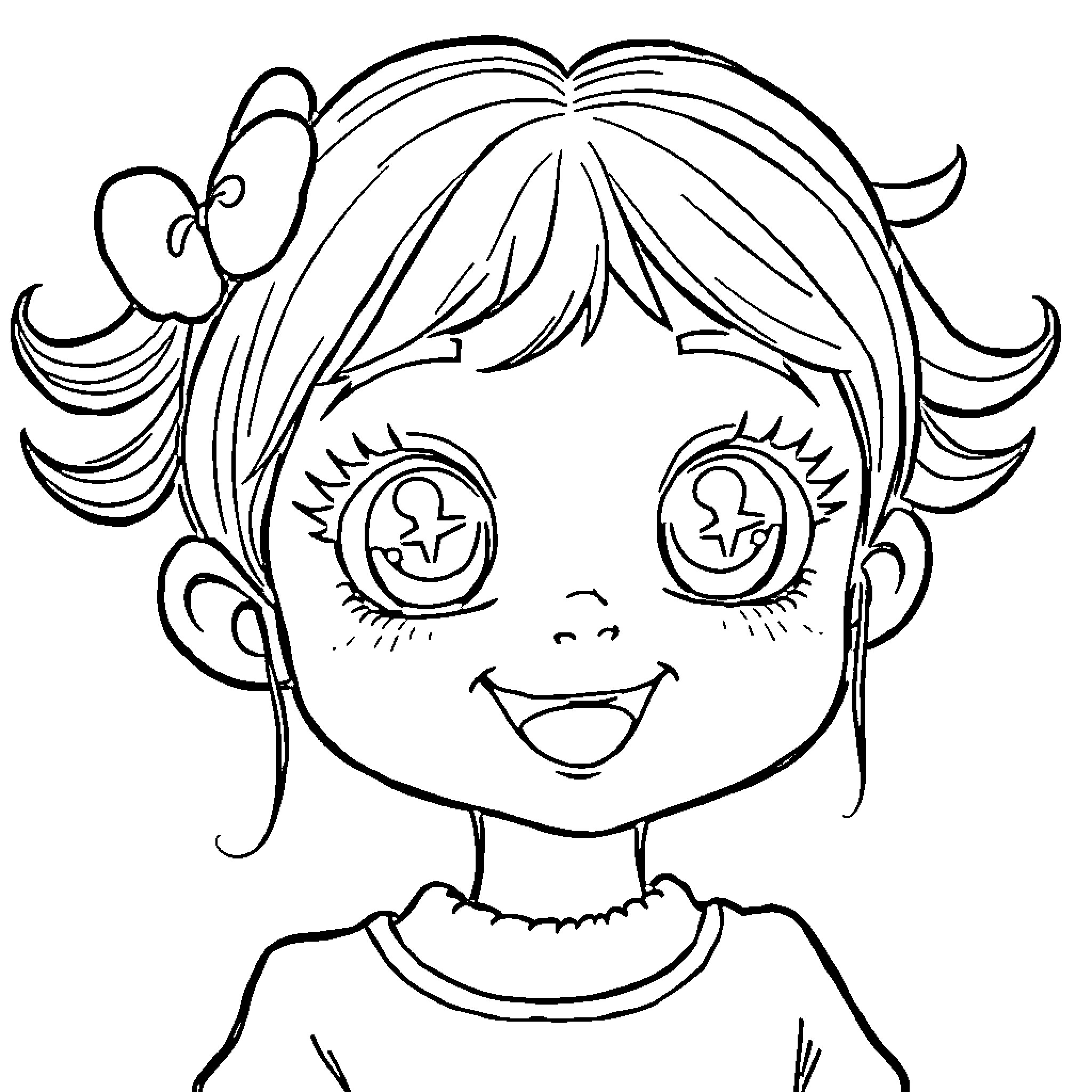 Kawaii Girl with Anime-Style Features Coloring Page (free black-and-white line drawing printable PDF for all, from beginners to advanced learners, including children, teens, adults, and seniors)