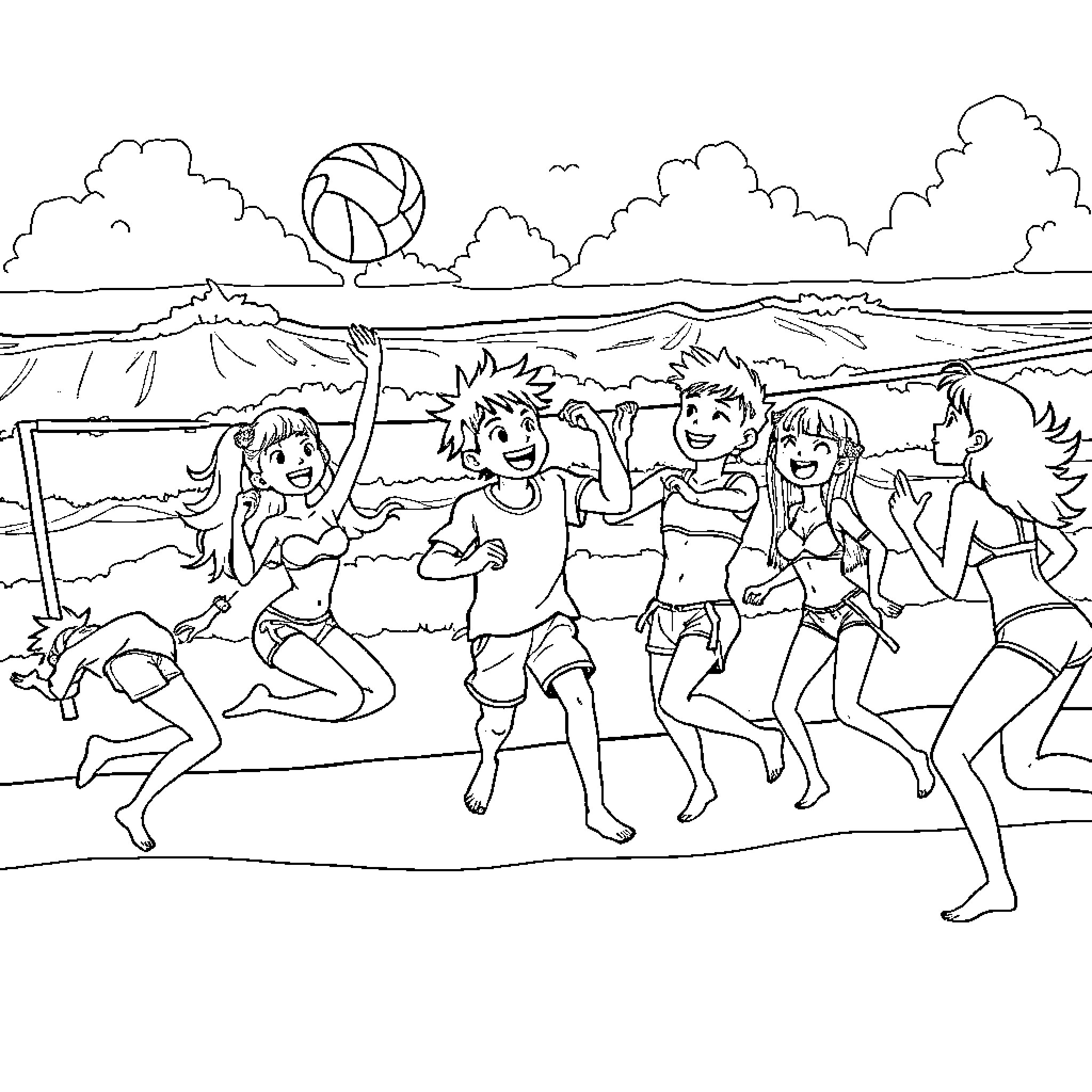 Character playing volleyball on the beach Coloring Page (free black-and-white line drawing printable PDF for all, from beginners to advanced learners, including children, teens, adults, and seniors)