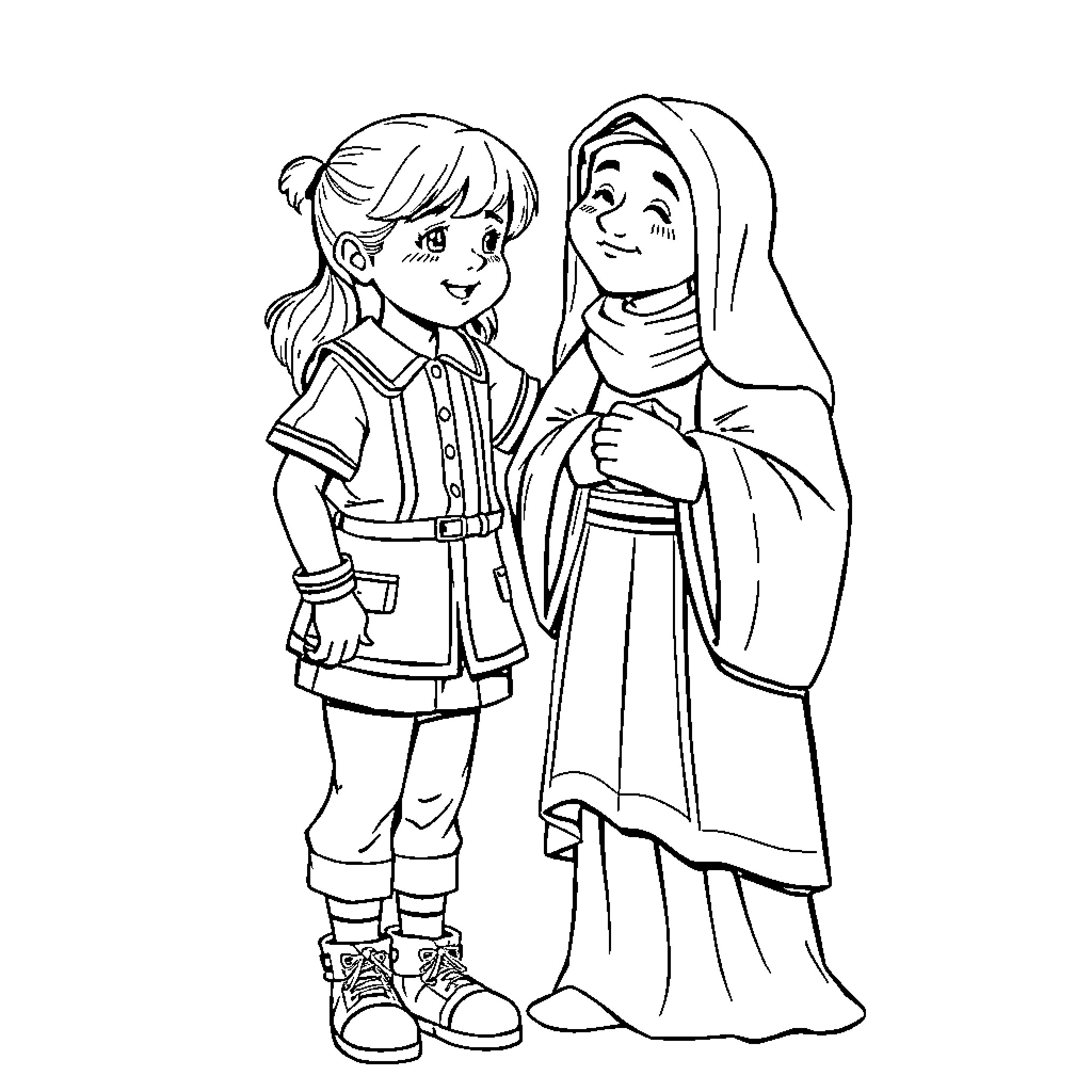 Nina and Her Companion in Warm Embrace Coloring Page (free black-and-white line drawing printable PDF for all, from beginners to advanced learners, including children, teens, adults, and seniors)