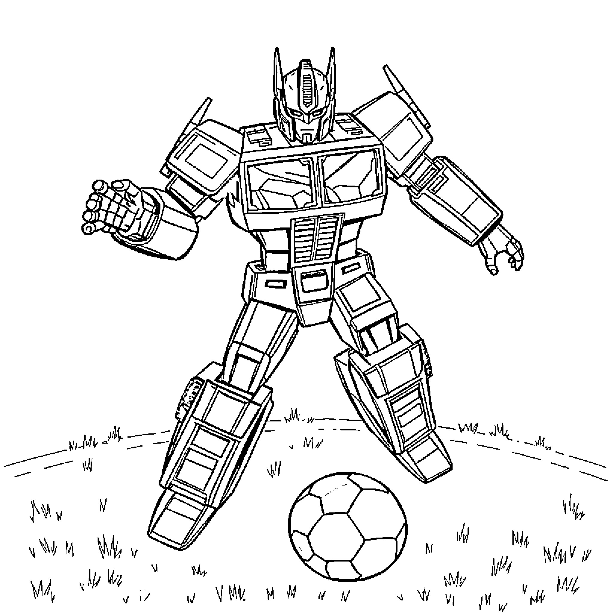 Optimus Prime playing with soccer ball in the field Coloring Page (free black-and-white line drawing printable PDF for all, from beginners to advanced learners, including children, teens, adults, and seniors)