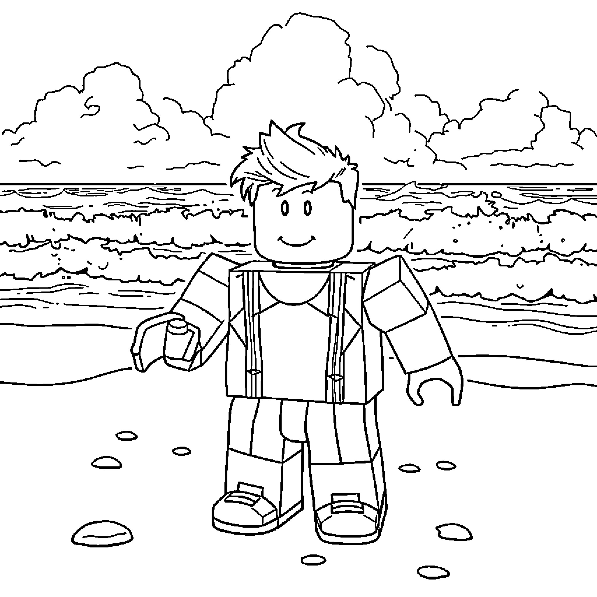 Roblox Character enjoying the beach scenery Coloring Page (free black-and-white line drawing printable PDF for all, from beginners to advanced learners, including children, teens, adults, and seniors)