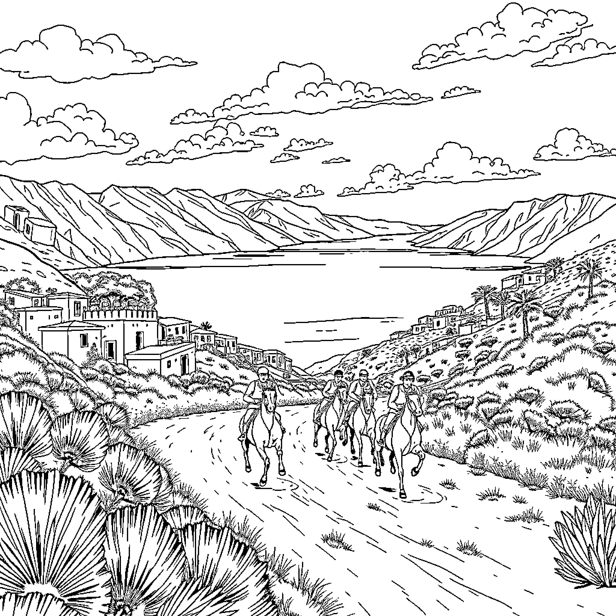 Race through the Rugged Landscape Coloring Page (free black-and-white line drawing printable PDF for all, from beginners to advanced learners, including children, teens, adults, and seniors)