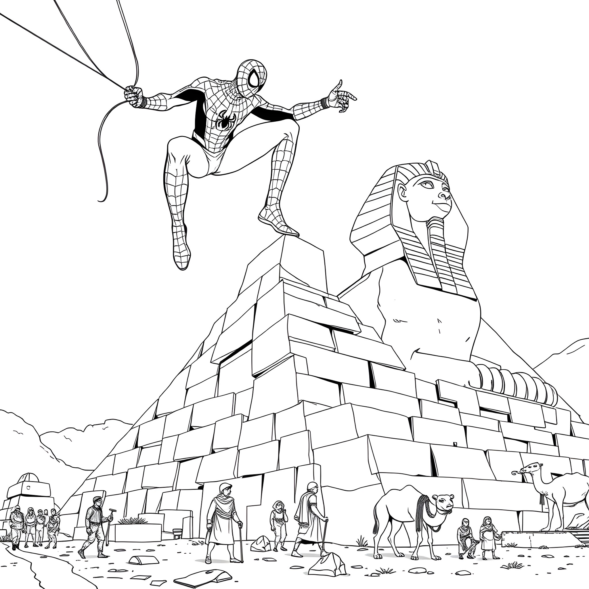 Spiderman swinging through ancient Egyptian pyramids Coloring Page (free black-and-white line drawing printable PDF for all, from beginners to advanced learners, including children, teens, adults, and seniors)