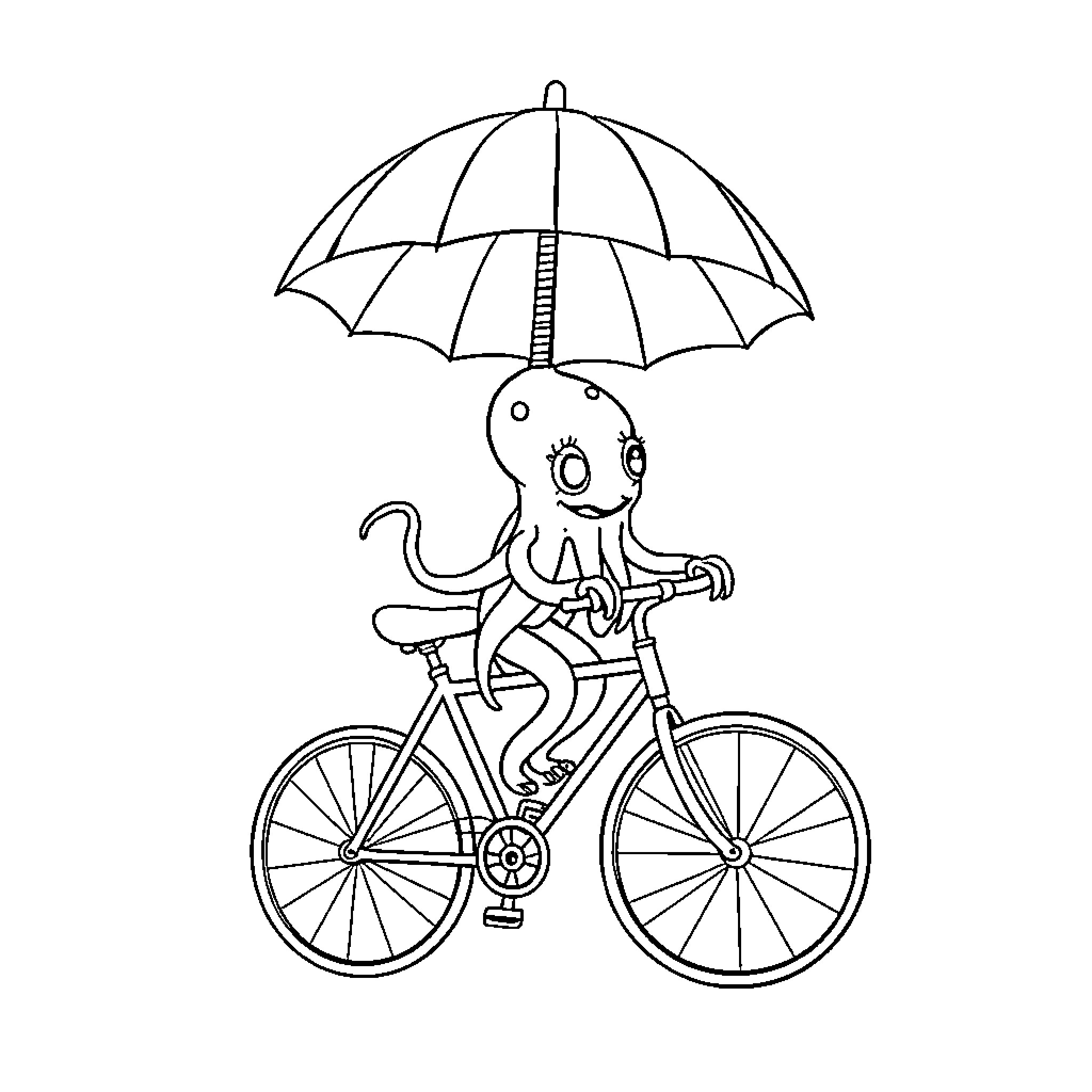 Jellyfish riding a bicycle with an umbrella Coloring Page (free black-and-white line drawing printable PDF for all, from beginners to advanced learners, including children, teens, adults, and seniors)