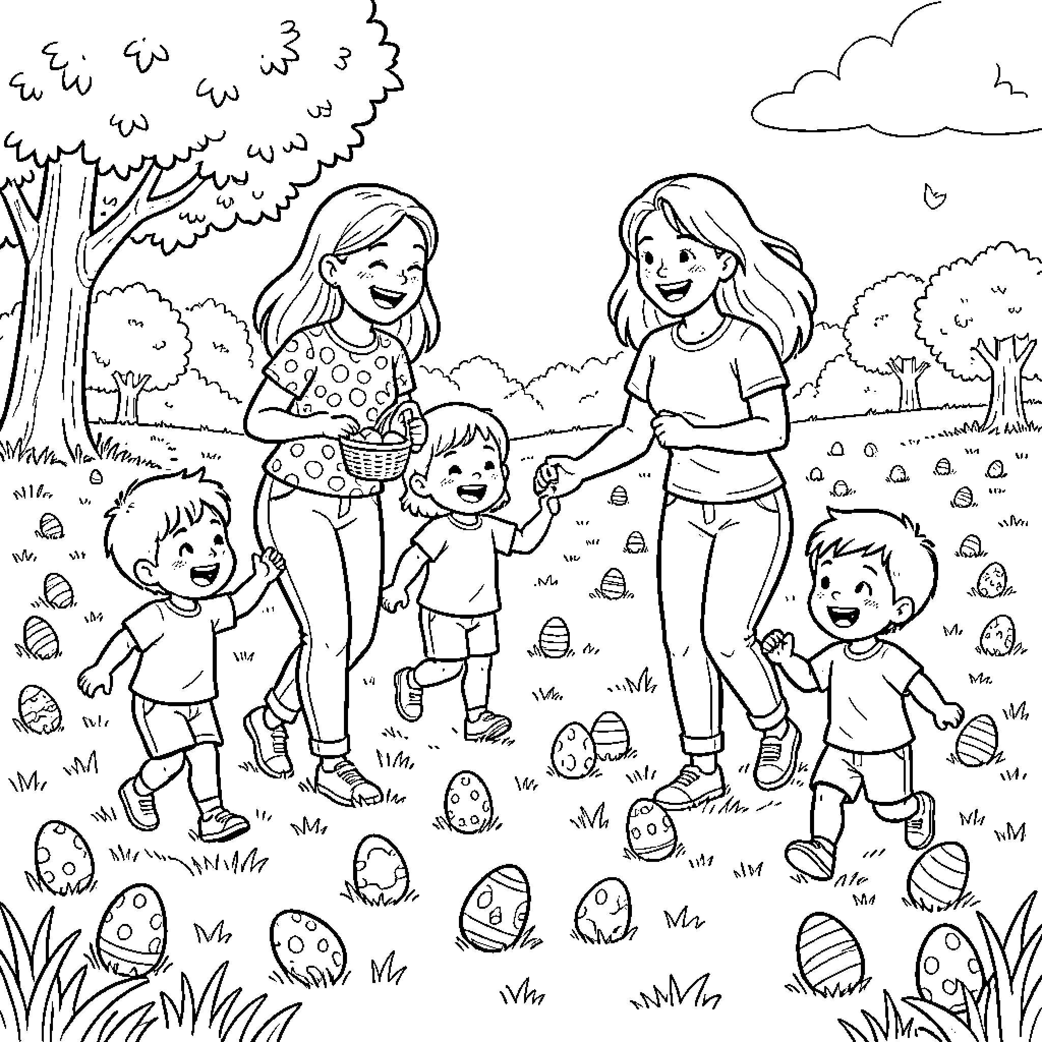Easter Egg Hunt with Family in the Park Coloring Page (free black-and-white line drawing printable PDF for all, from beginners to advanced learners, including children, teens, adults, and seniors)
